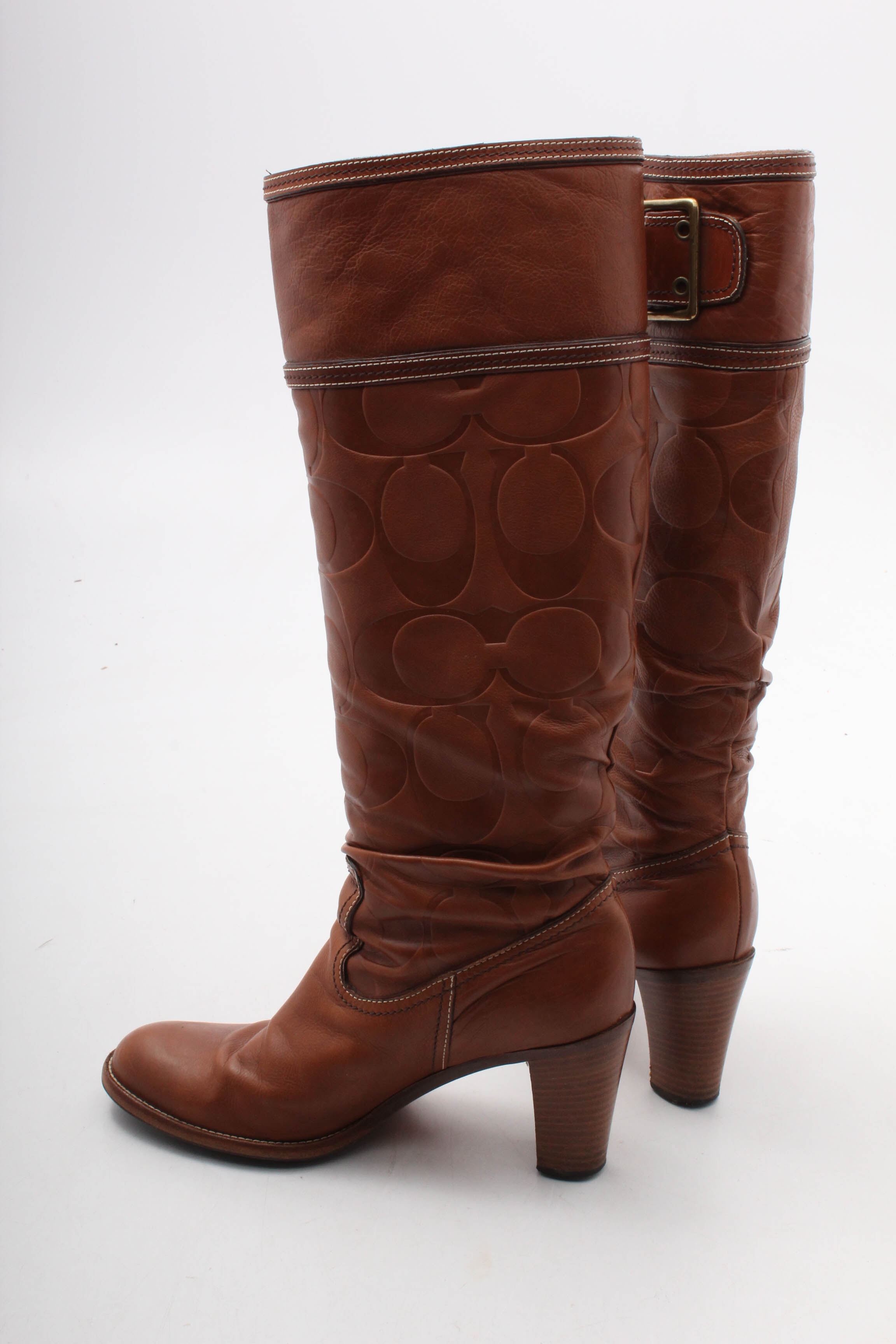 Coach Merridth Tall Leather Buckle Boots with Stacked Heels