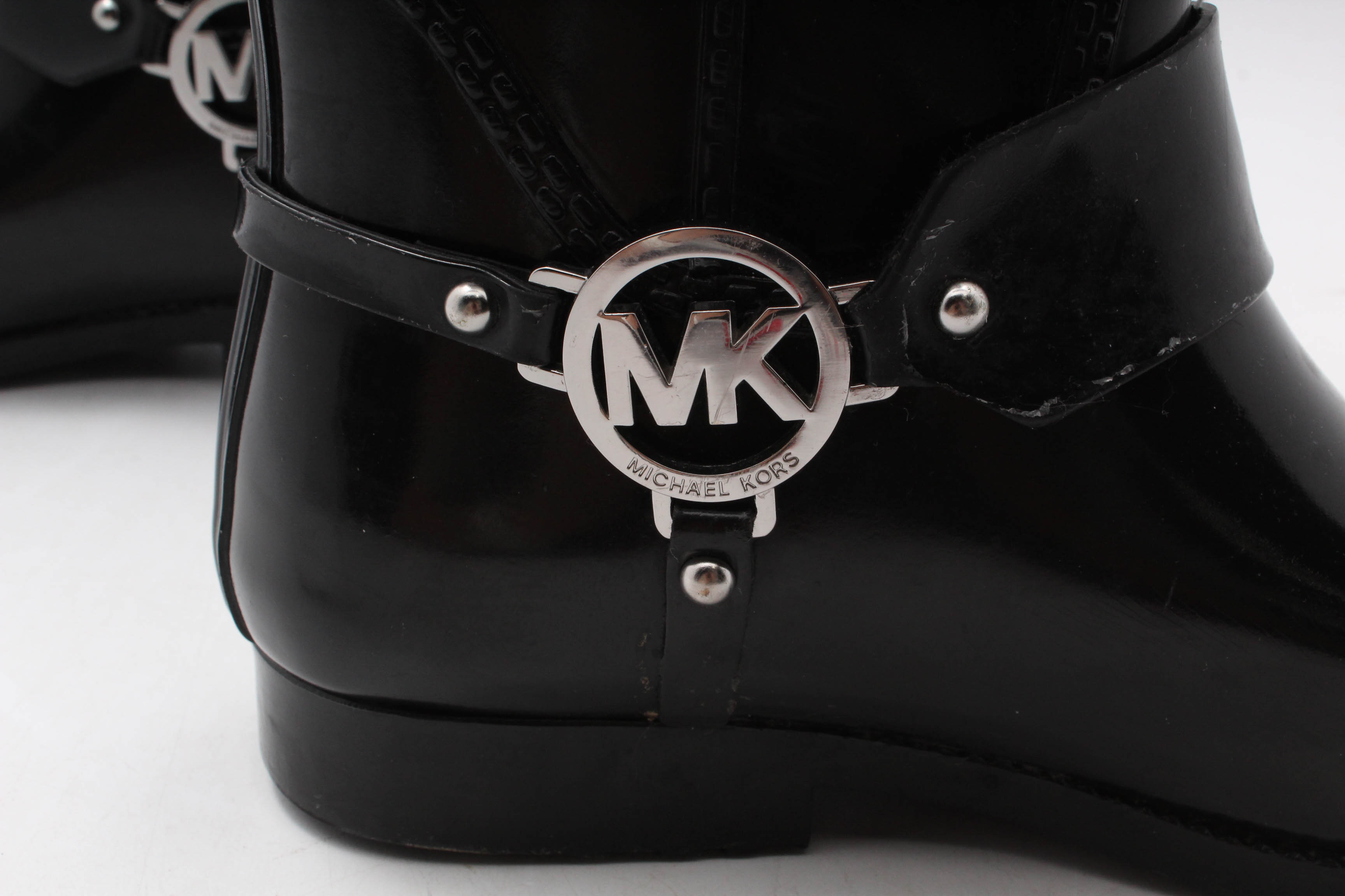 Michael Kors Fulton Harness Two-Tone Rain Boots in Black/Brown