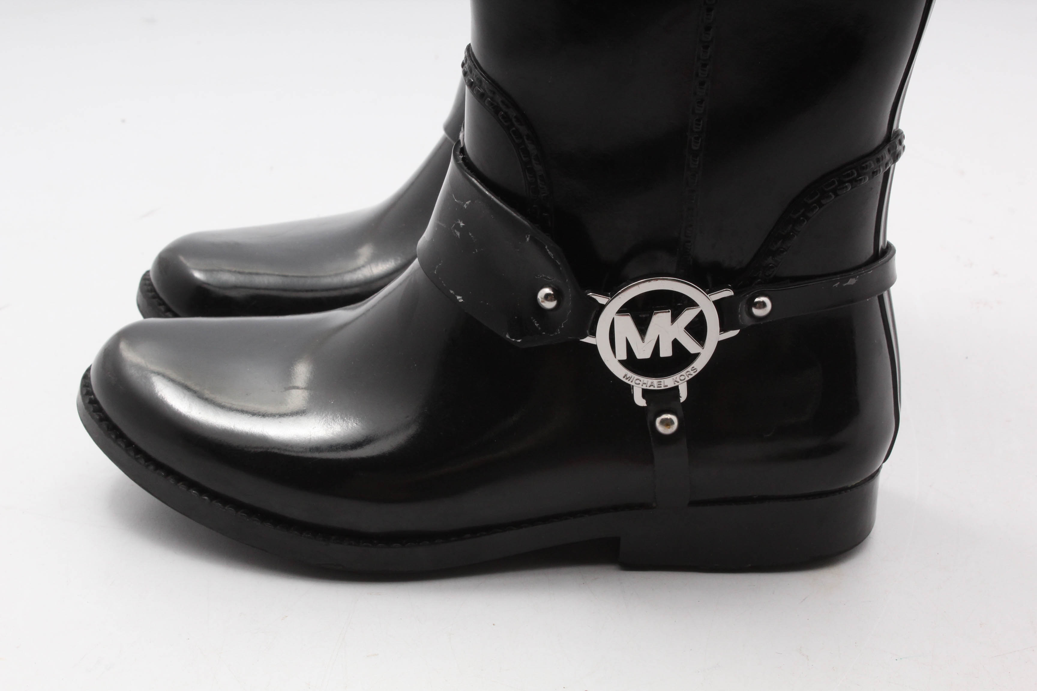 Michael Kors Fulton Harness Two-Tone Rain Boots in Black/Brown