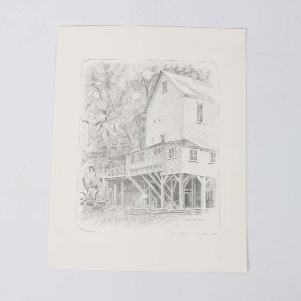 Vintage After James Burkhart Offset Prints "The Four Mills of Ozark County"