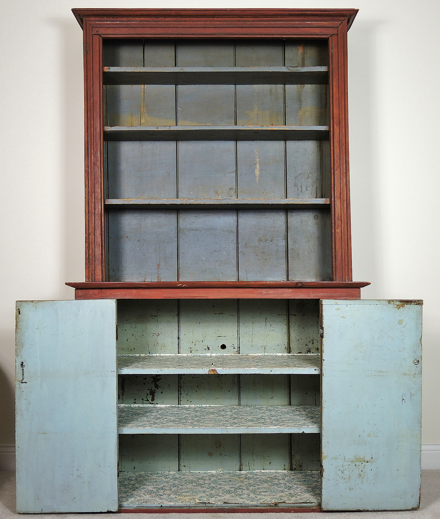 19th Century Primitive Painted Pine Hutch