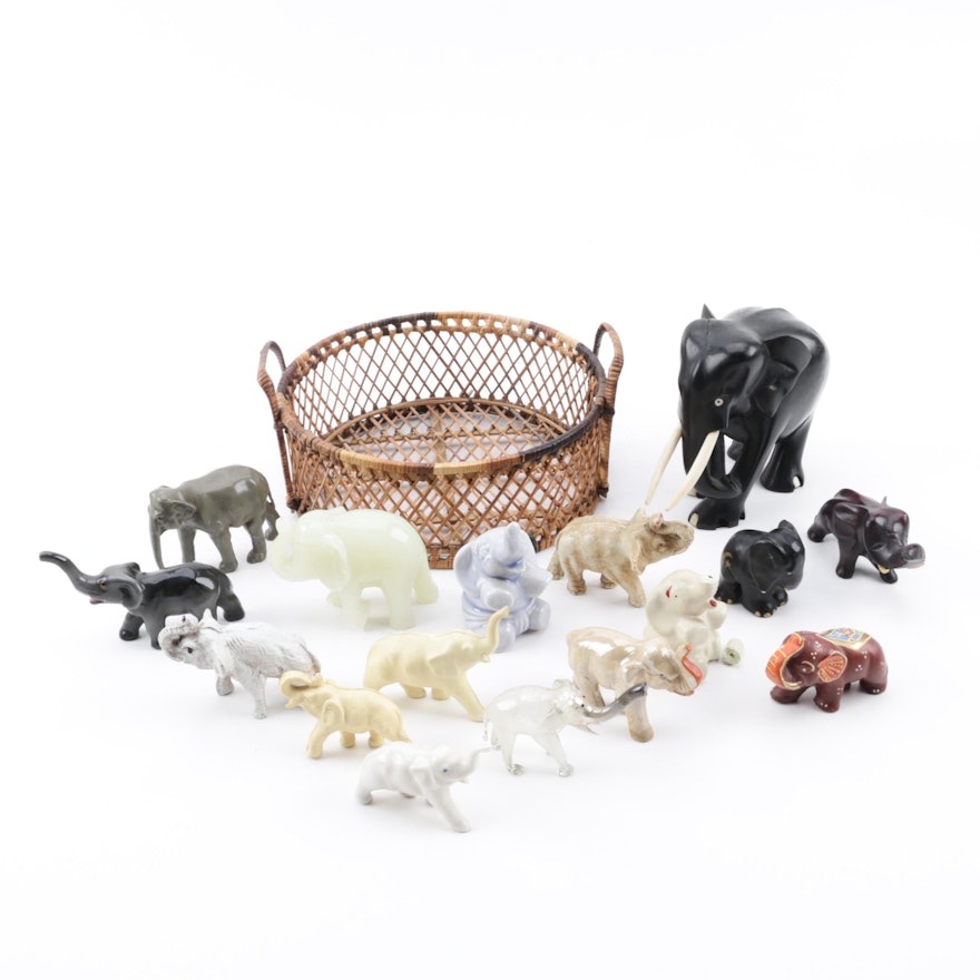 Elephant Figurine Collection featuring Bowenite, Ebony, and Bone