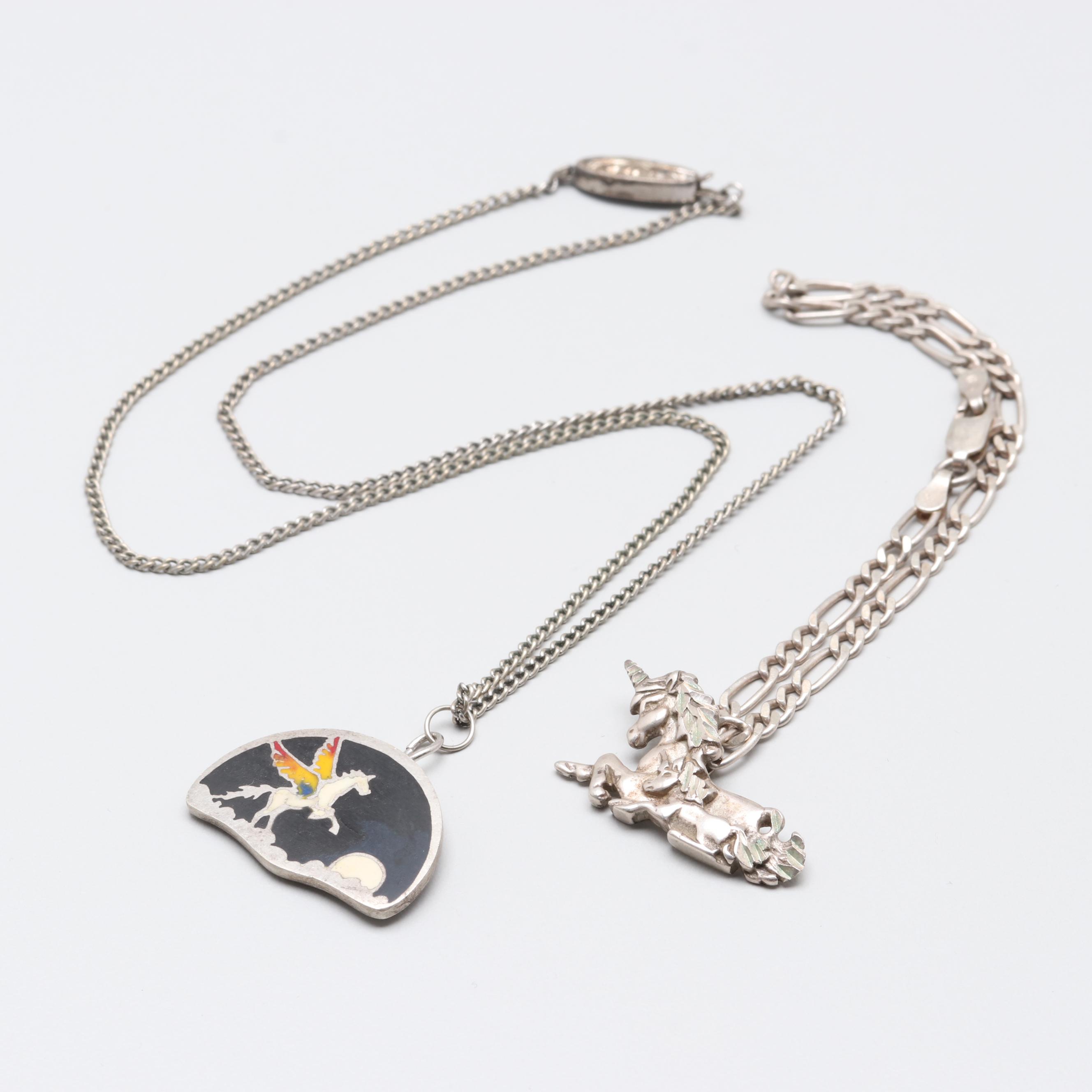 Silver Tone and Sterling Silver Unicorn Necklace and Bracelet