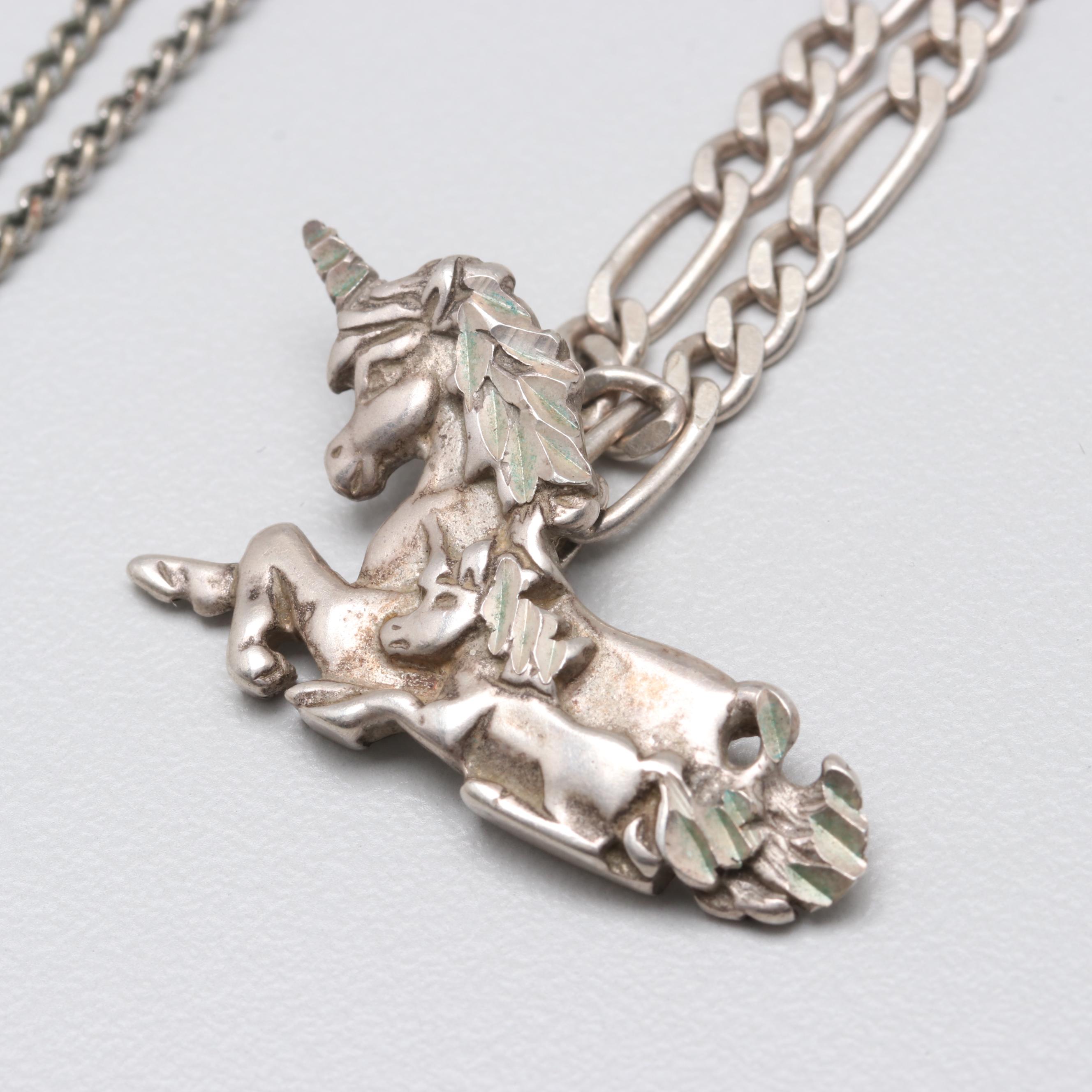 Silver Tone and Sterling Silver Unicorn Necklace and Bracelet