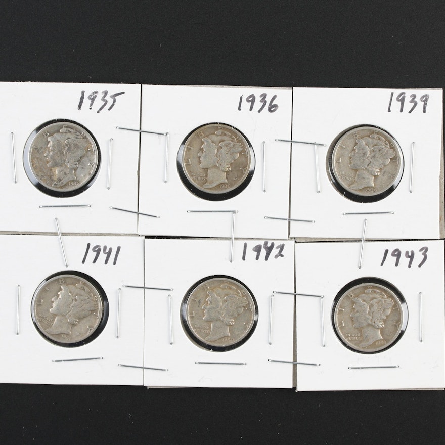Group of Six Mercury Silver Dimes: 1935, 1936, 1939, 1941, 1942, and 1943