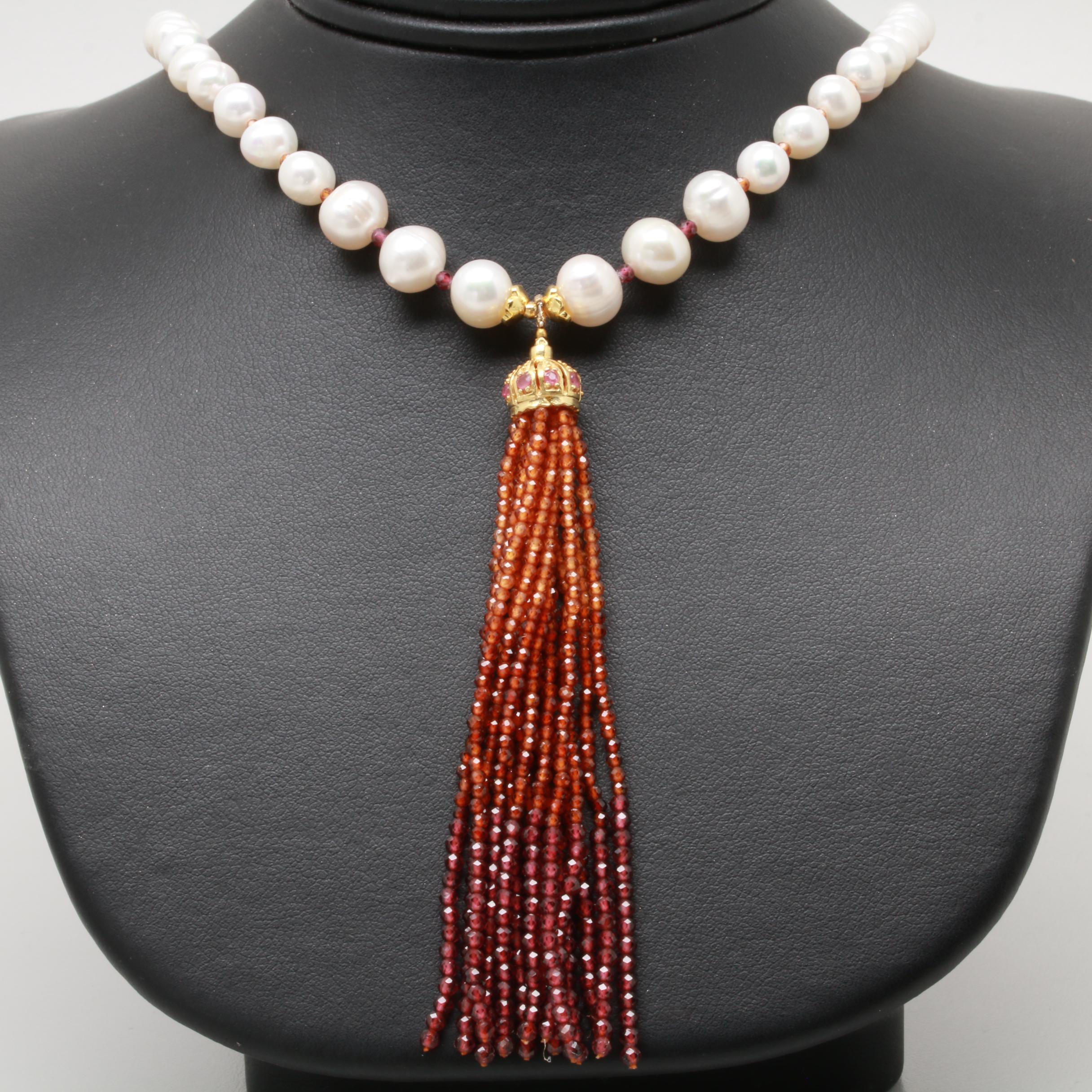 Sterling Silver Cultured Pearl, Ruby, and Citrine Necklace