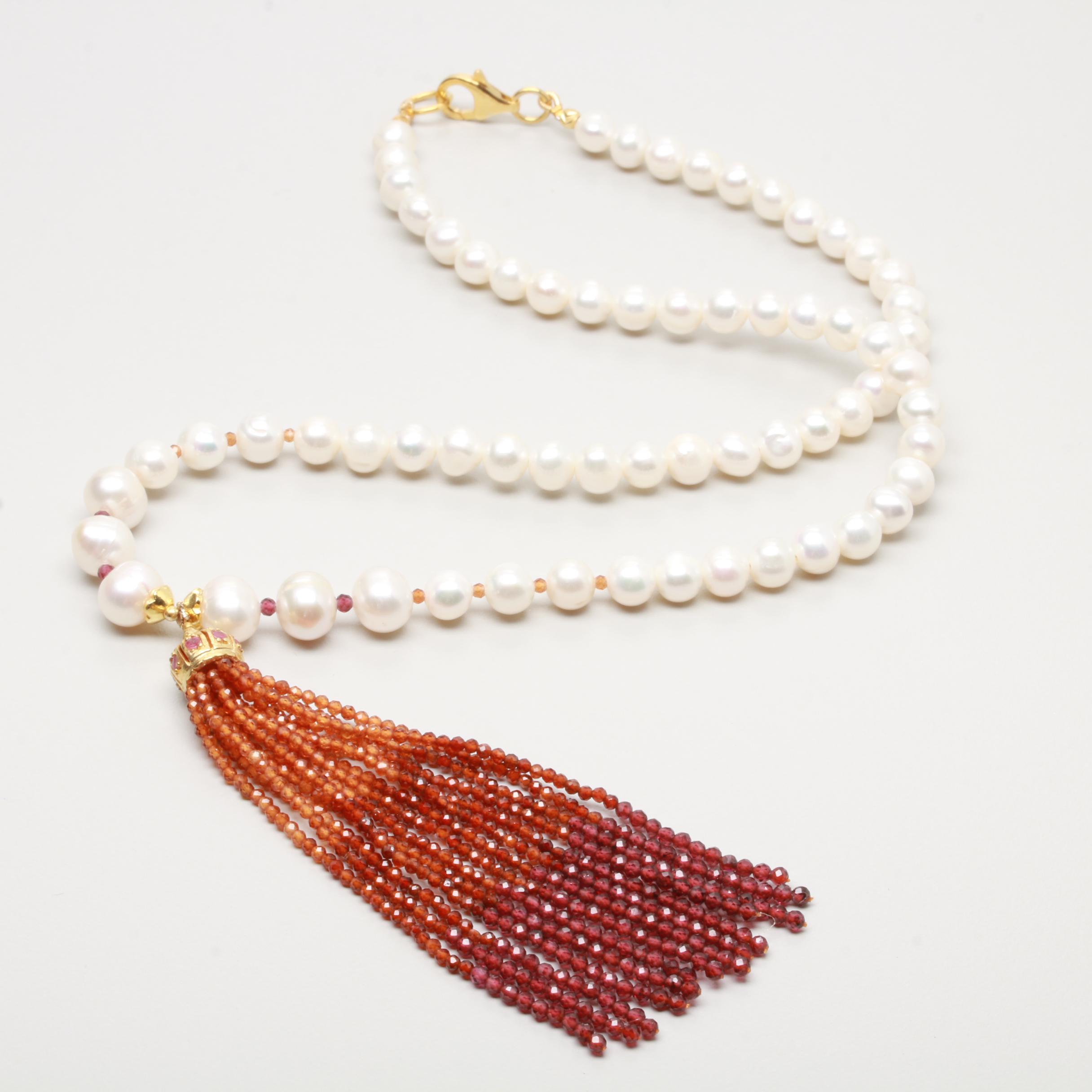 Sterling Silver Cultured Pearl, Ruby, and Citrine Necklace