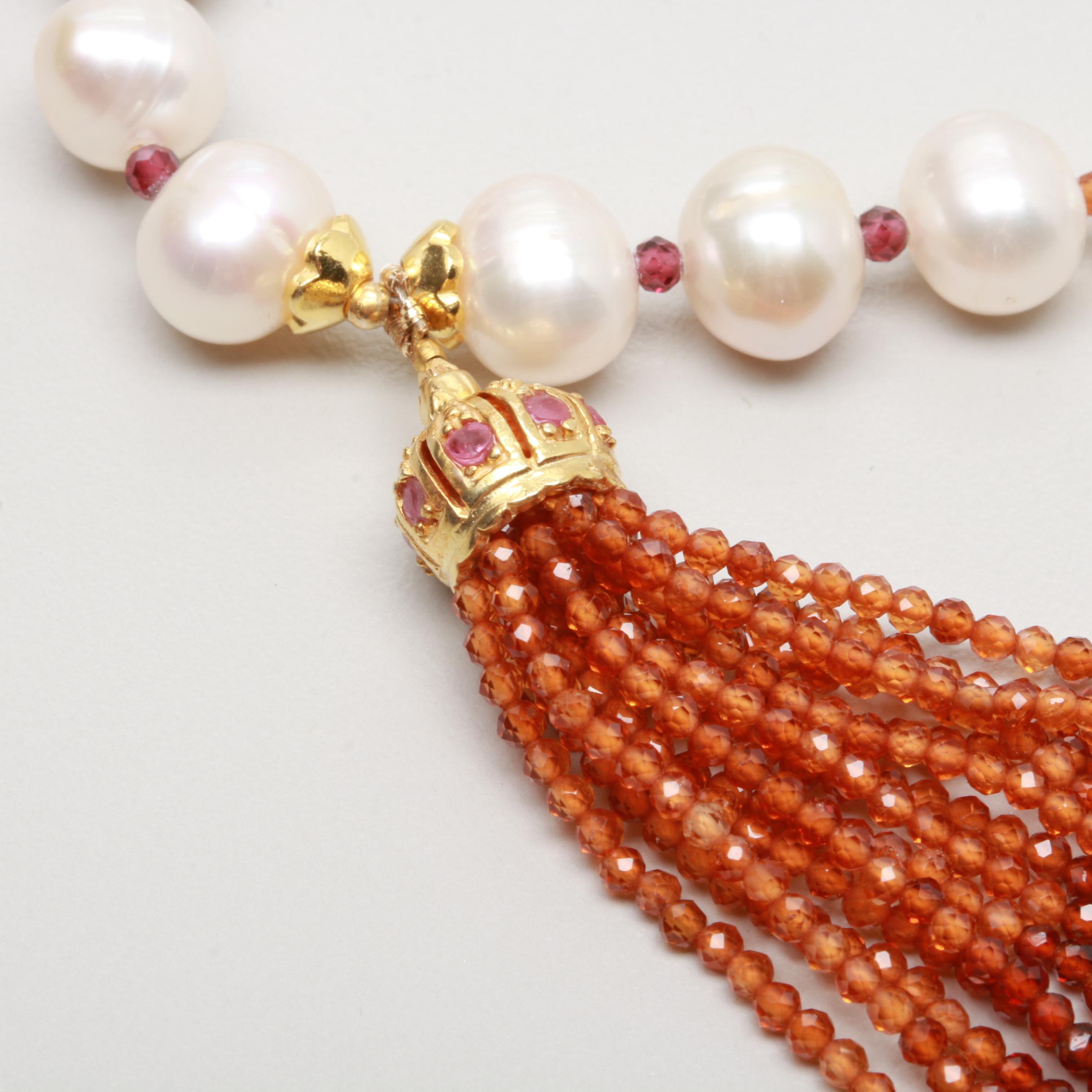 Sterling Silver Cultured Pearl, Ruby, and Citrine Necklace