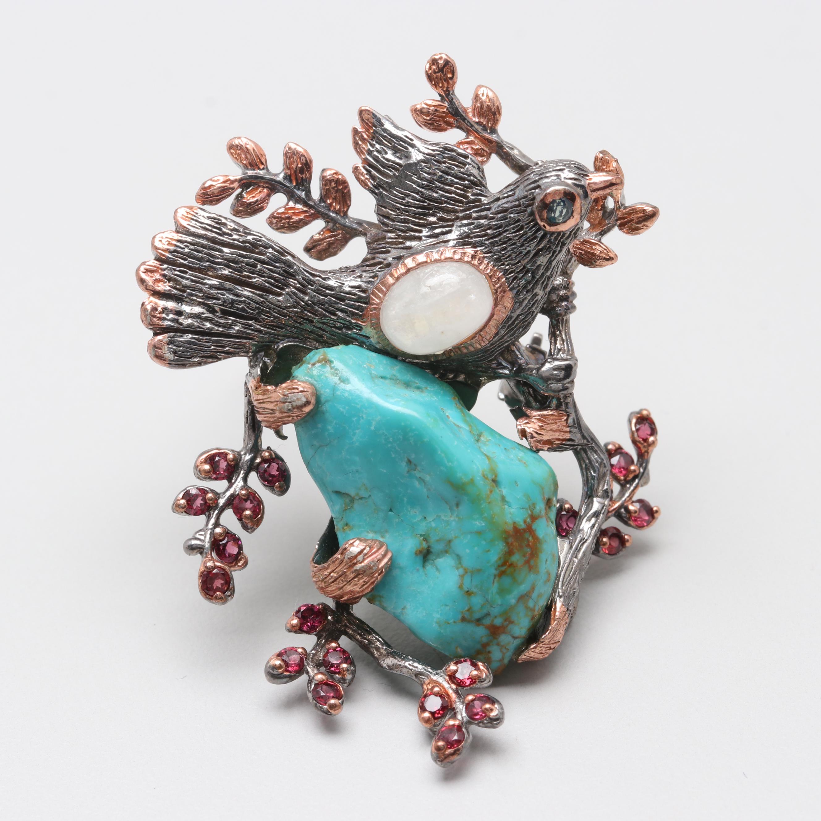Sterling Silver Turquoise, Moonstone, and Pink Tourmaline Brooch