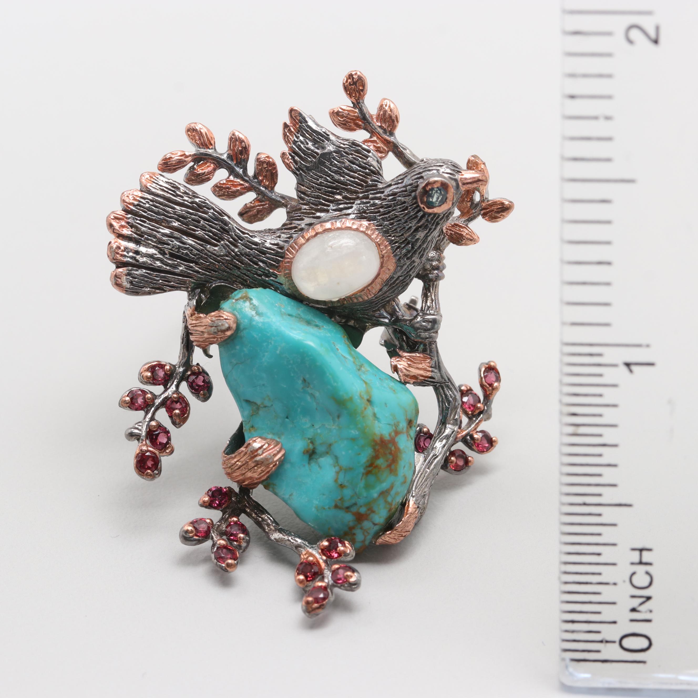 Sterling Silver Turquoise, Moonstone, and Pink Tourmaline Brooch
