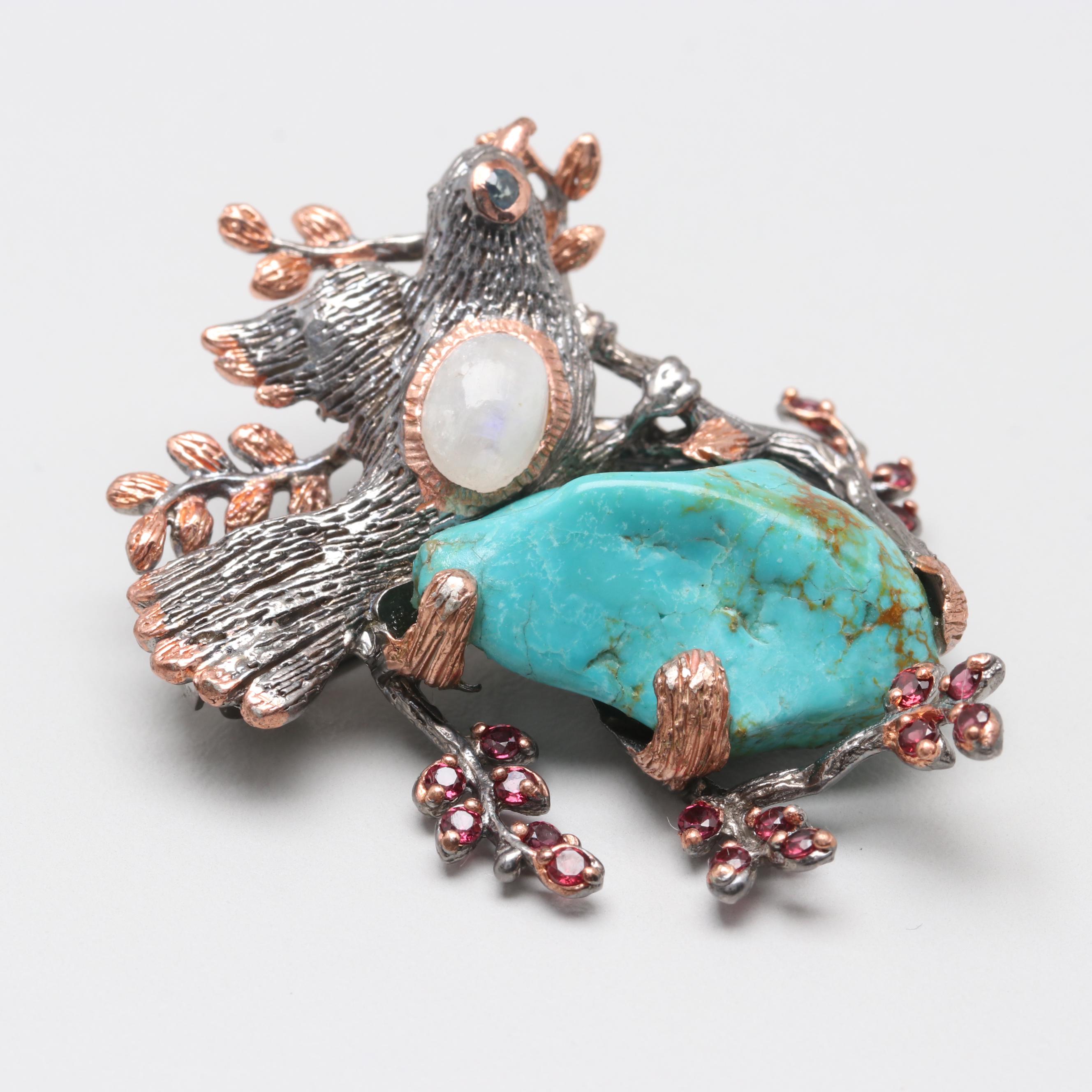 Sterling Silver Turquoise, Moonstone, and Pink Tourmaline Brooch