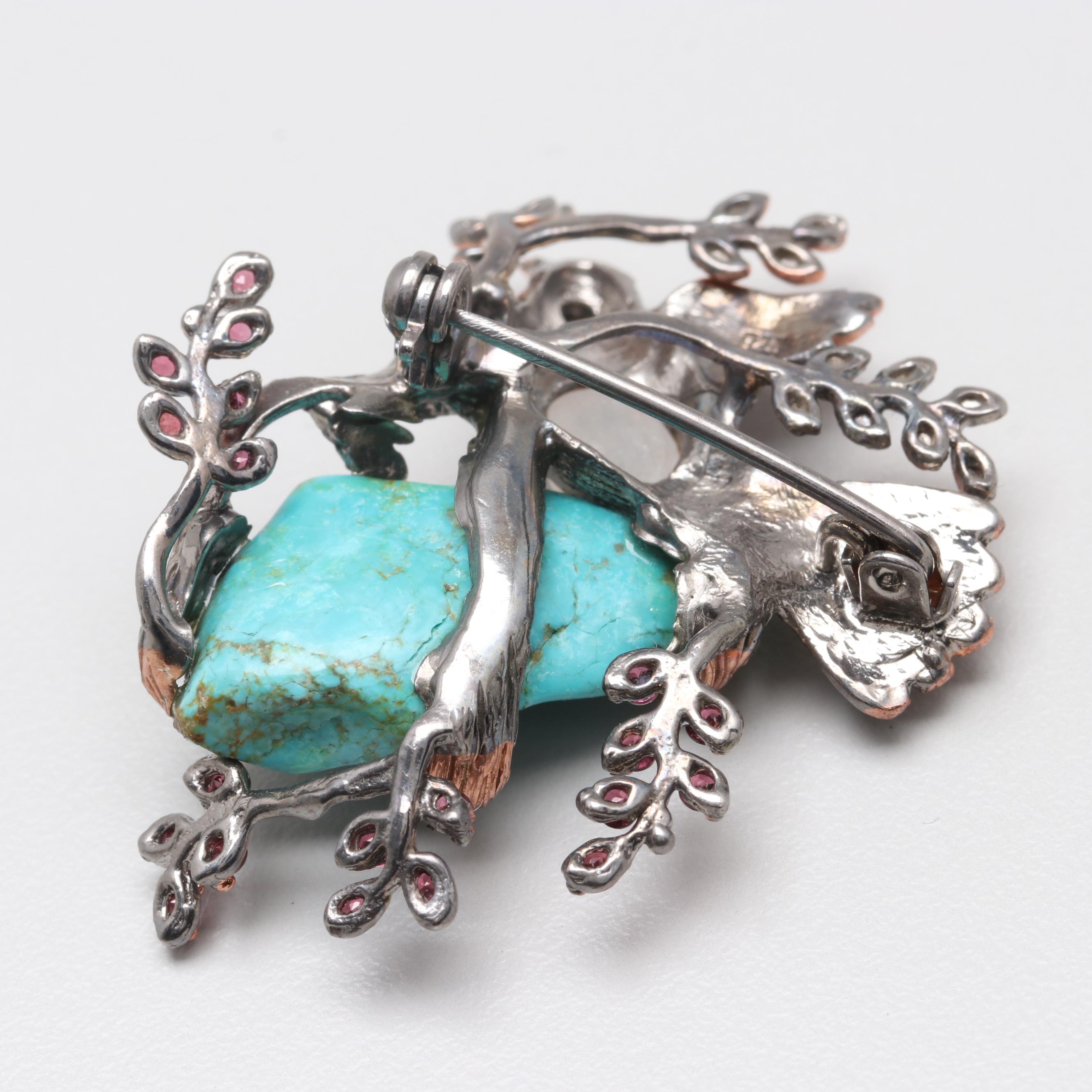 Sterling Silver Turquoise, Moonstone, and Pink Tourmaline Brooch