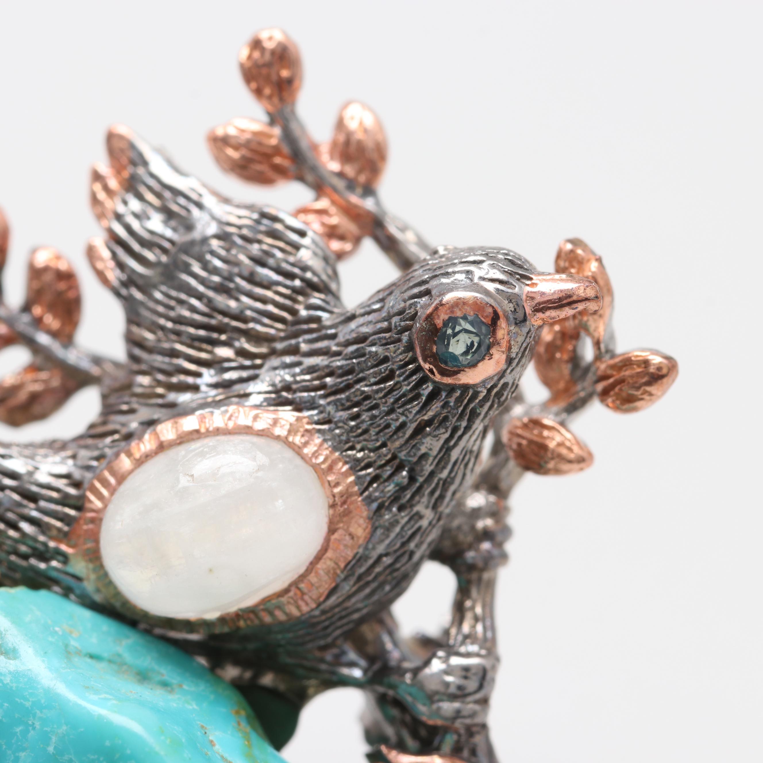 Sterling Silver Turquoise, Moonstone, and Pink Tourmaline Brooch