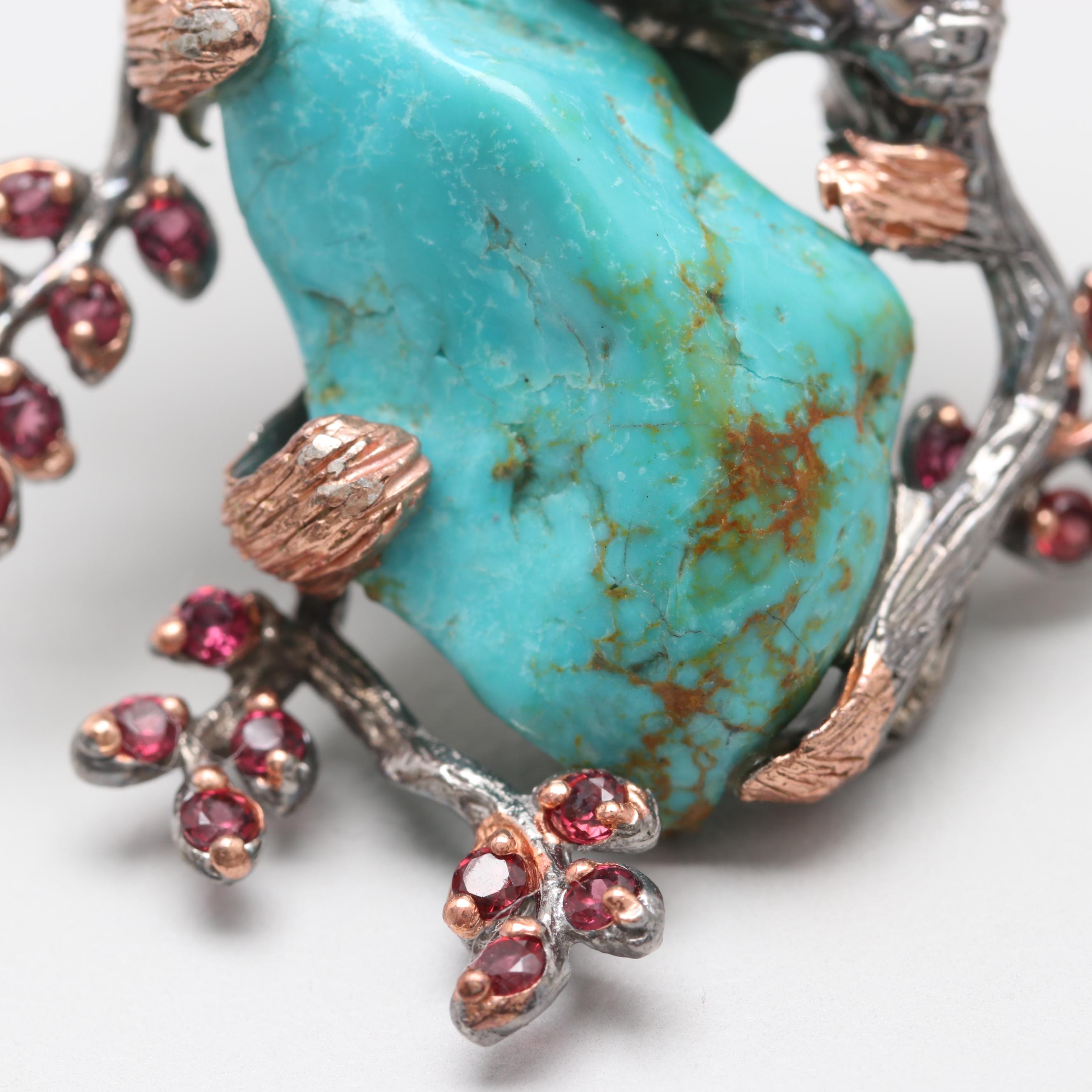 Sterling Silver Turquoise, Moonstone, and Pink Tourmaline Brooch