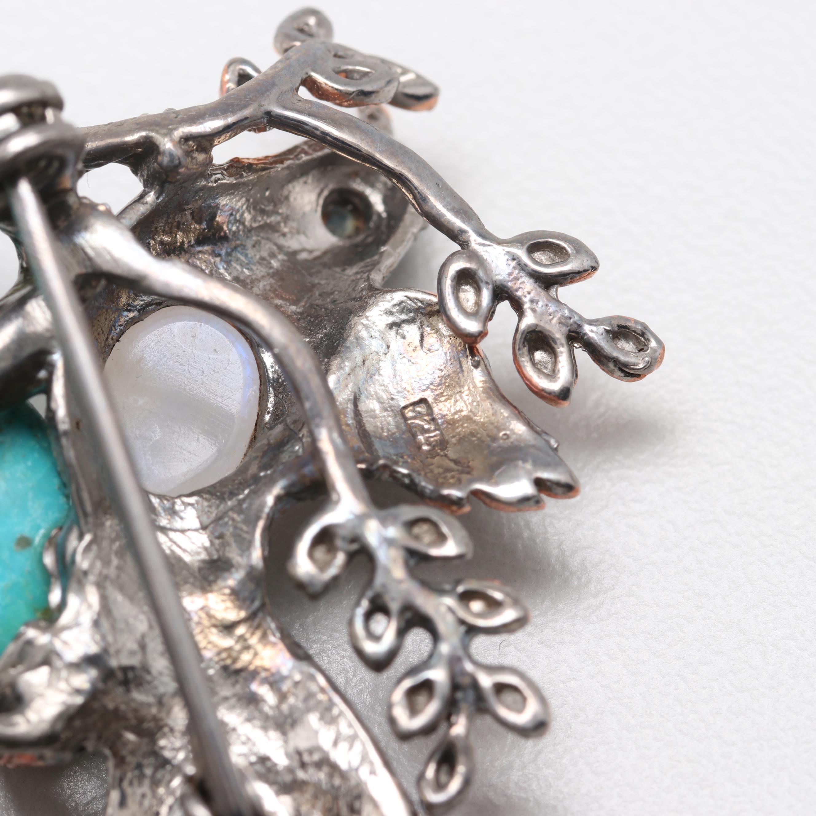 Sterling Silver Turquoise, Moonstone, and Pink Tourmaline Brooch