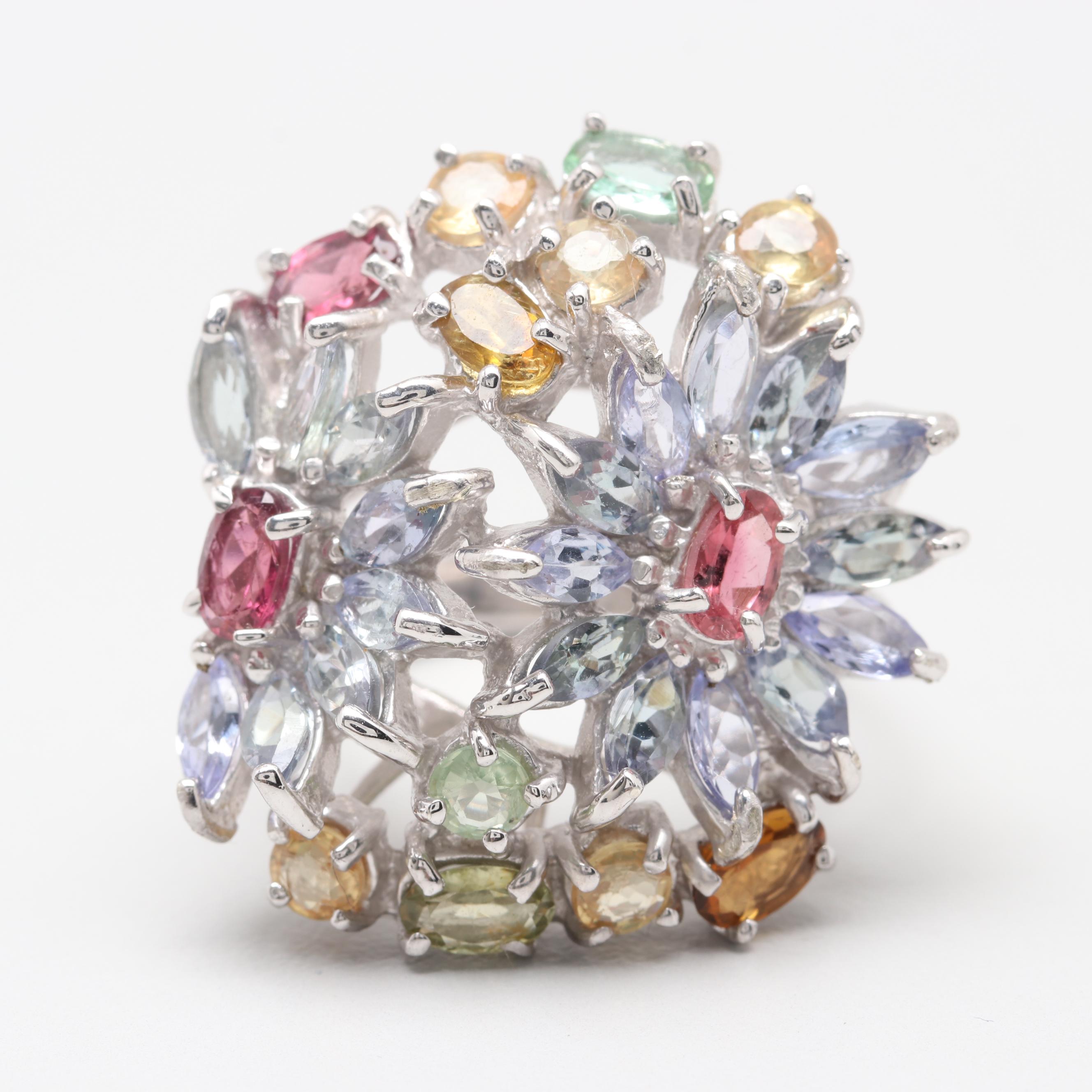 Sterling Silver Tanzanite and Tourmaline Floral Motif Ring