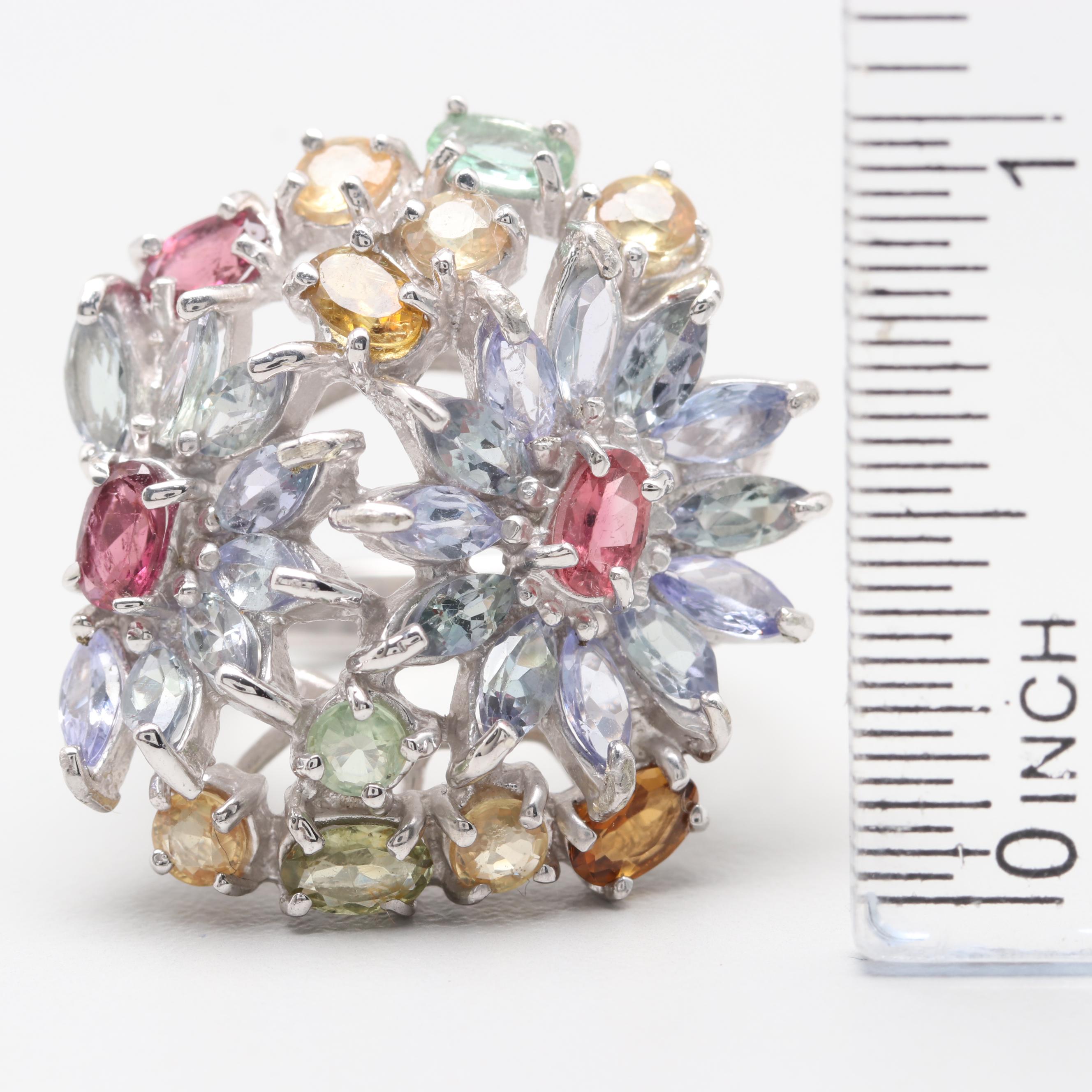 Sterling Silver Tanzanite and Tourmaline Floral Motif Ring