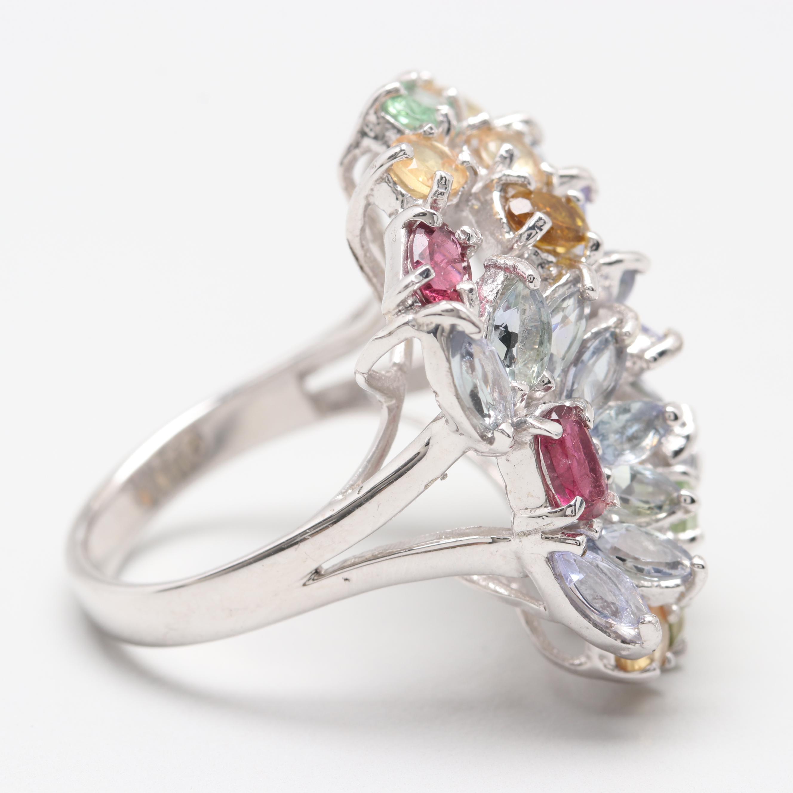 Sterling Silver Tanzanite and Tourmaline Floral Motif Ring