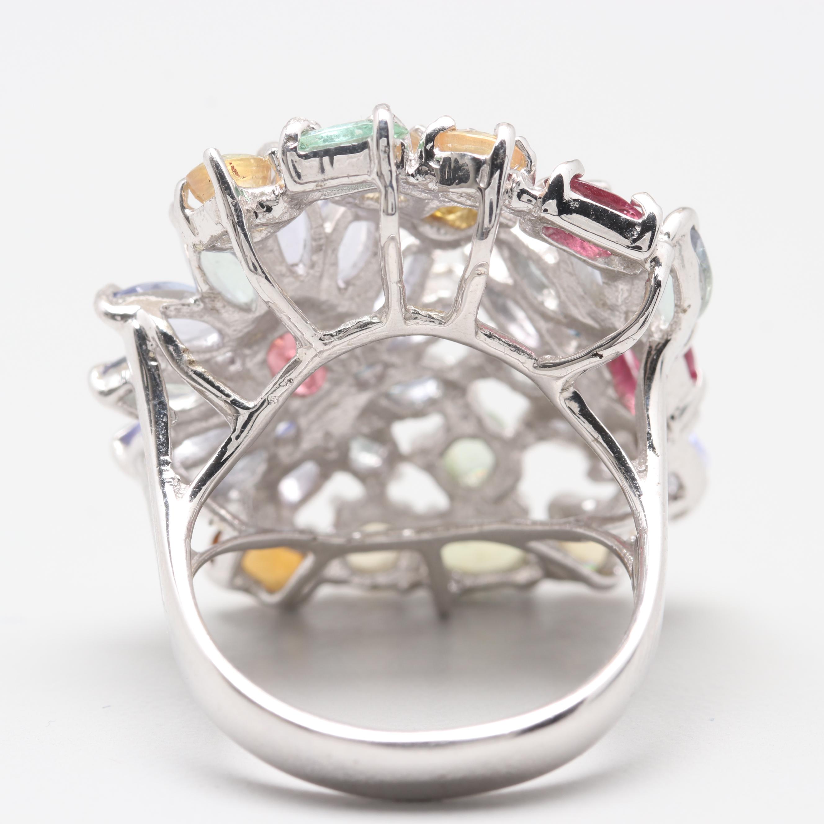 Sterling Silver Tanzanite and Tourmaline Floral Motif Ring