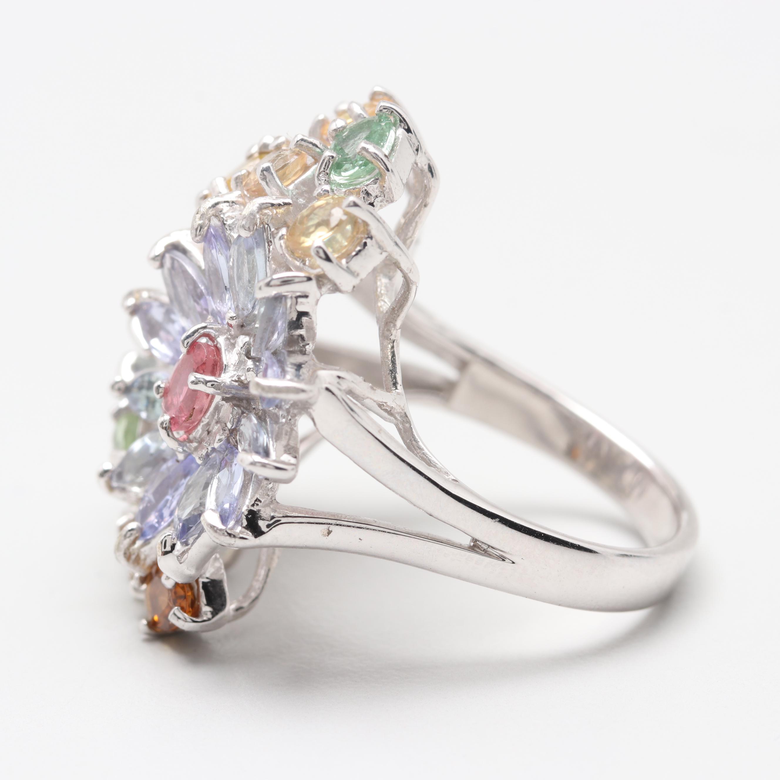 Sterling Silver Tanzanite and Tourmaline Floral Motif Ring