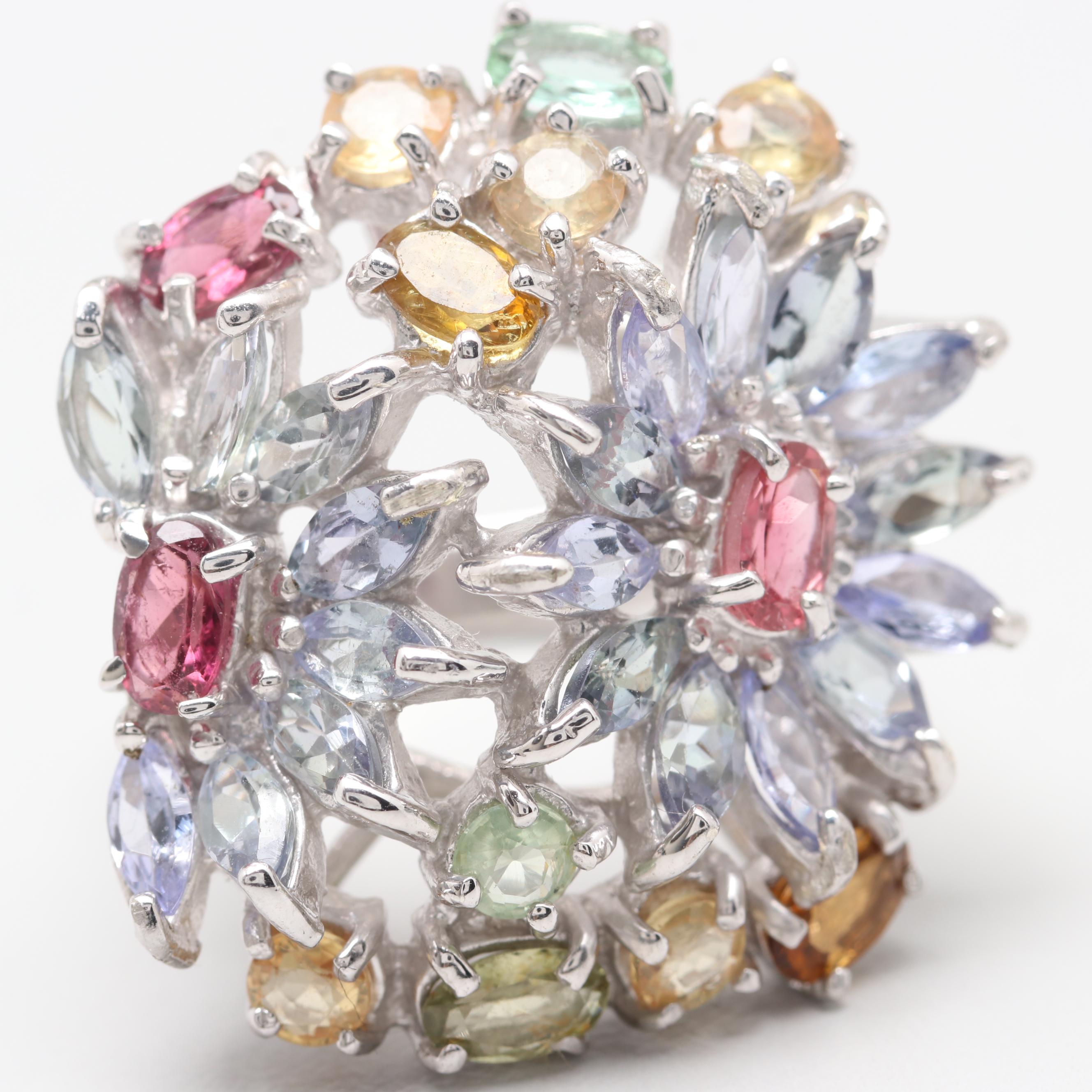 Sterling Silver Tanzanite and Tourmaline Floral Motif Ring