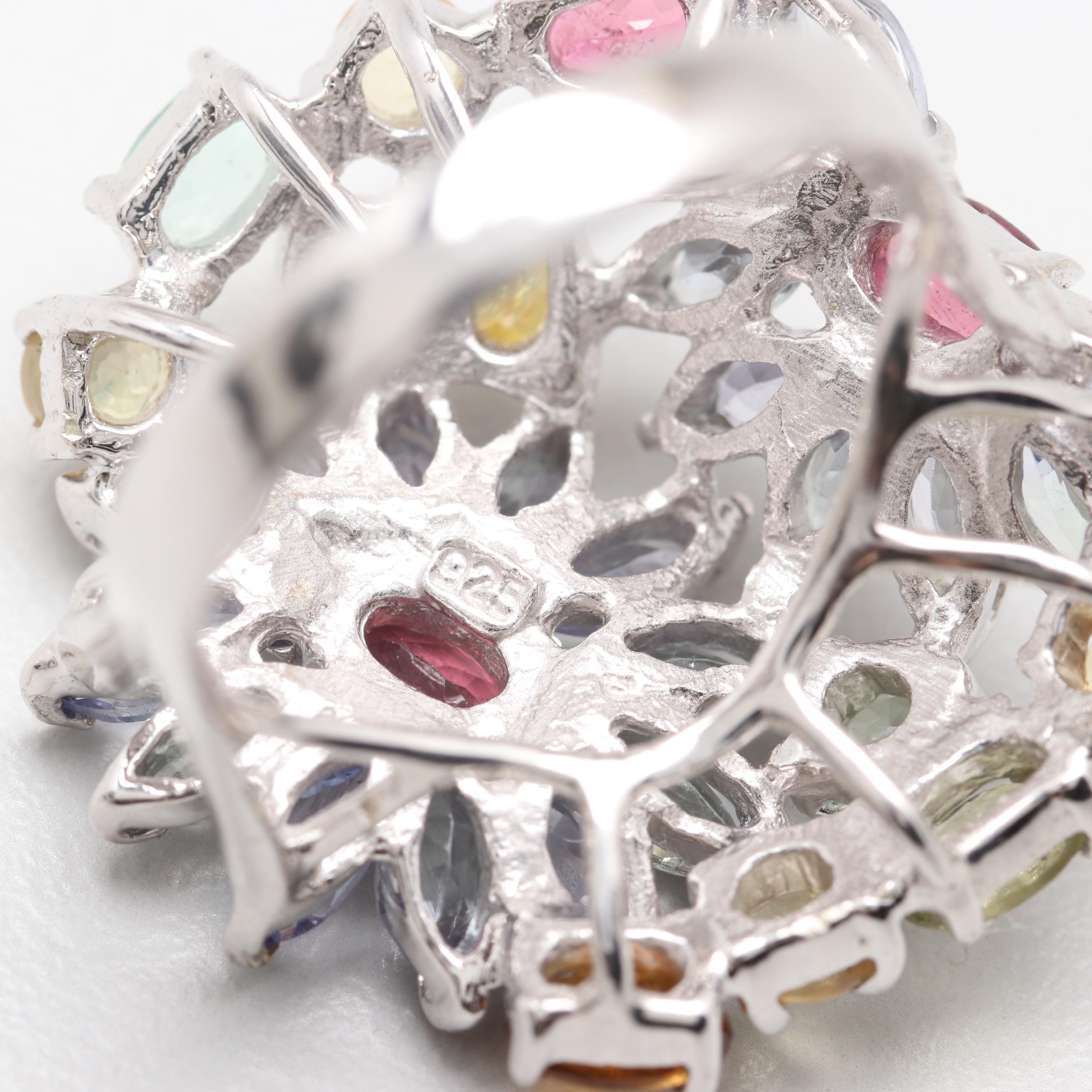 Sterling Silver Tanzanite and Tourmaline Floral Motif Ring