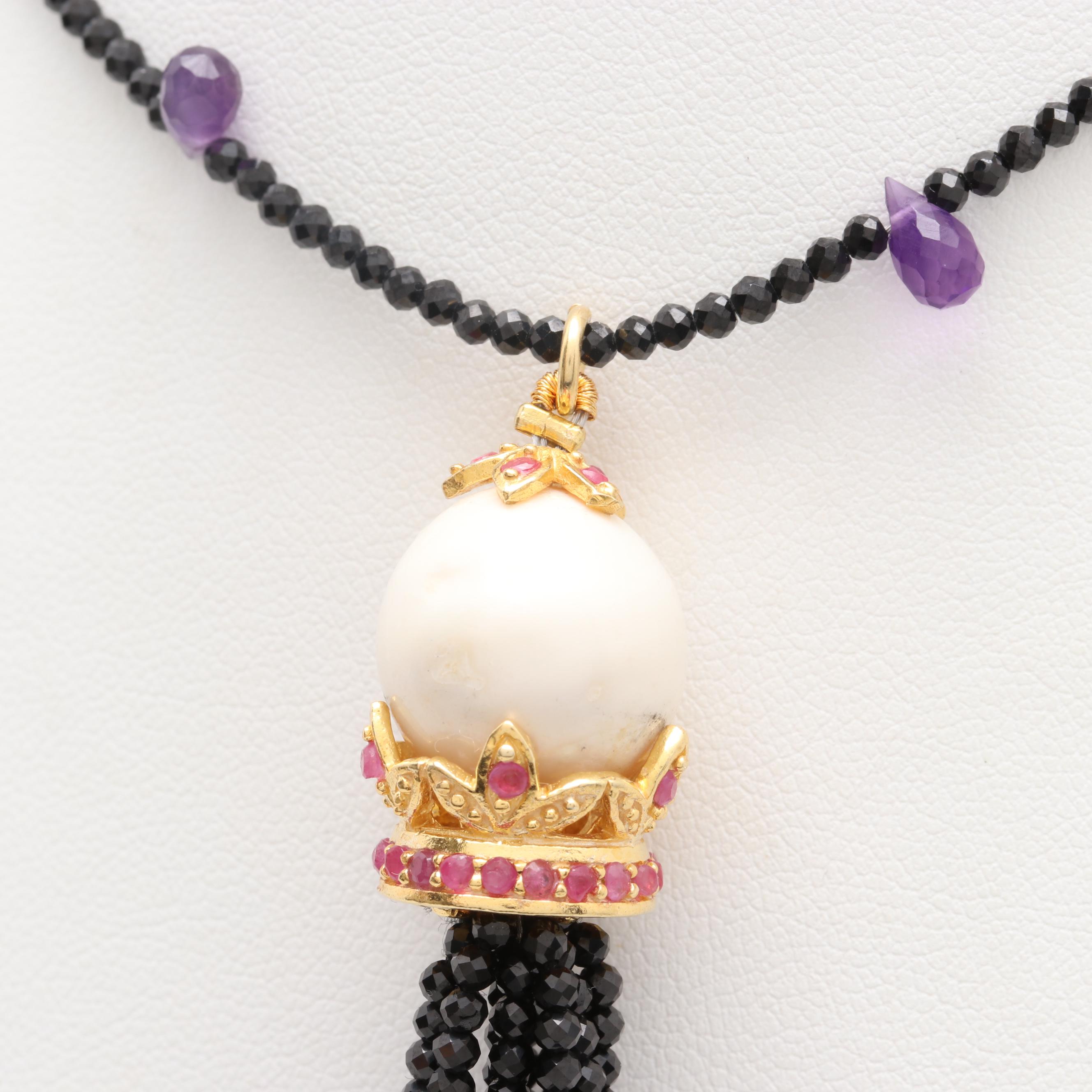 Sterling Silver Cultured Pearl, Ruby, and Black Spinel Necklace