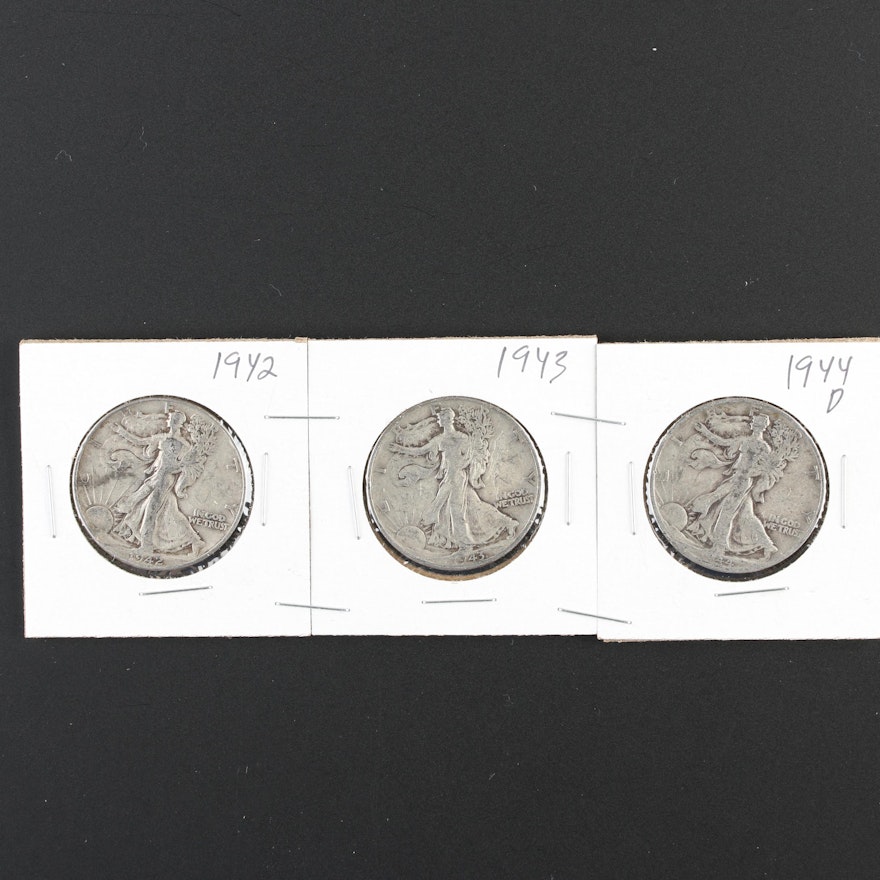 Group of Three Walking Liberty Silver Half Dollars: 1942, 1943, and 1944-D