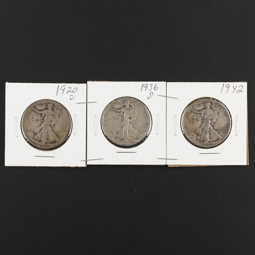 Group of Three Walking Liberty Silver Half Dollars: 1920-D, 1936-S, and 1942