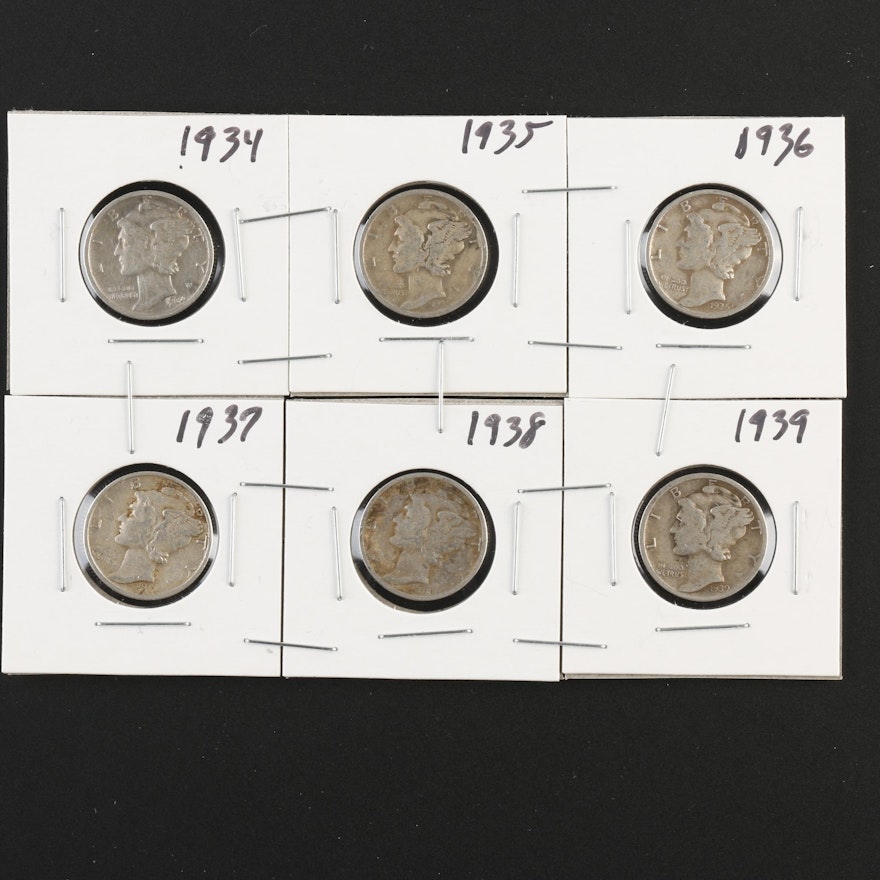 Group of Six Mercury Silver Dimes: 1934, 1935, 1936, 1937, 1938, and 1939
