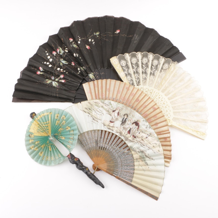 Vintage Hand-Painted, Papier-Mâché and Lace Folding Hand Fans