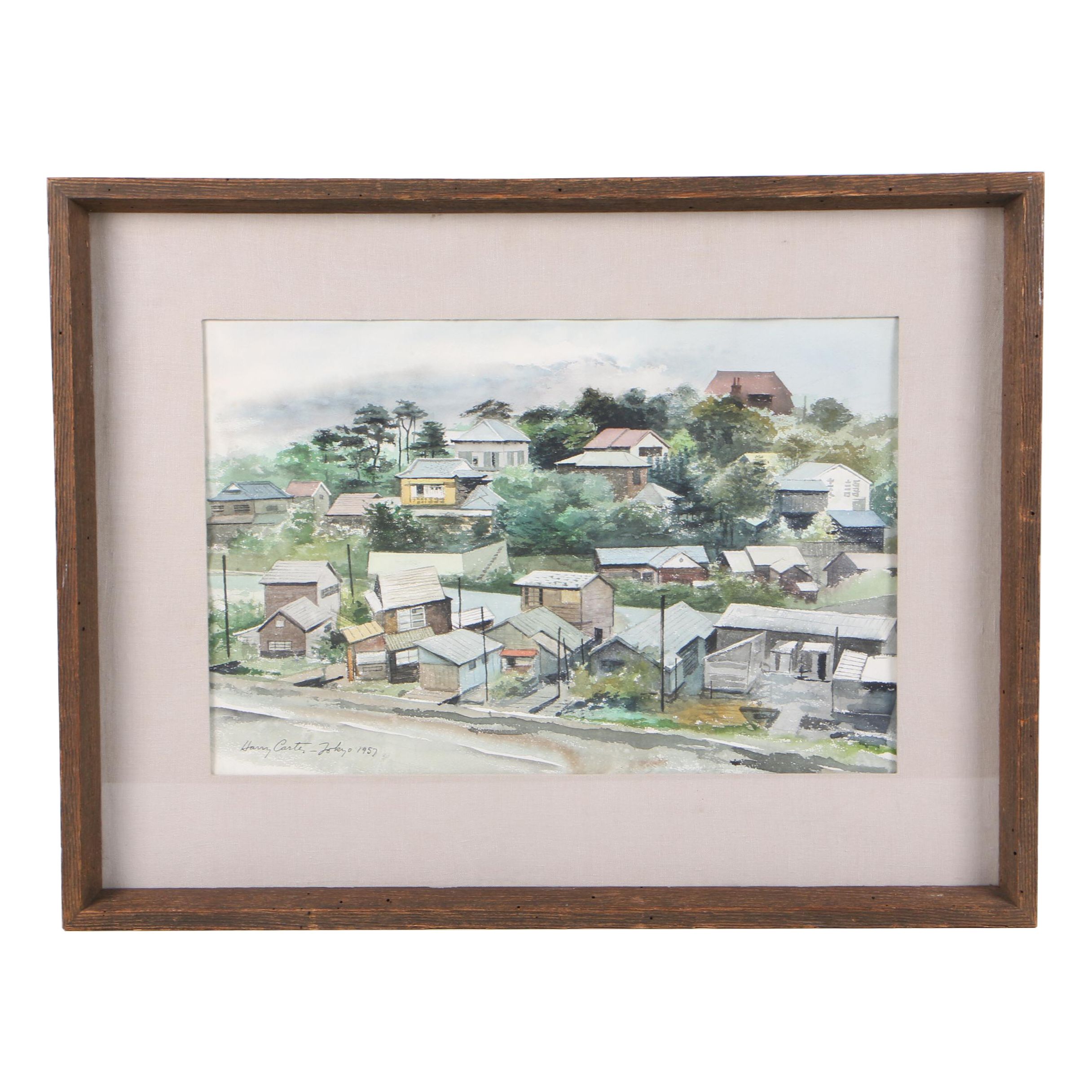 Harry Carter 1957 Watercolor Painting "Shibuya District, Tokyo"