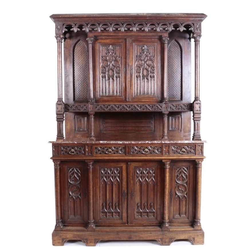 French Gothic Revival Oak and Rouge Marble Sideboard, Late 19th Century