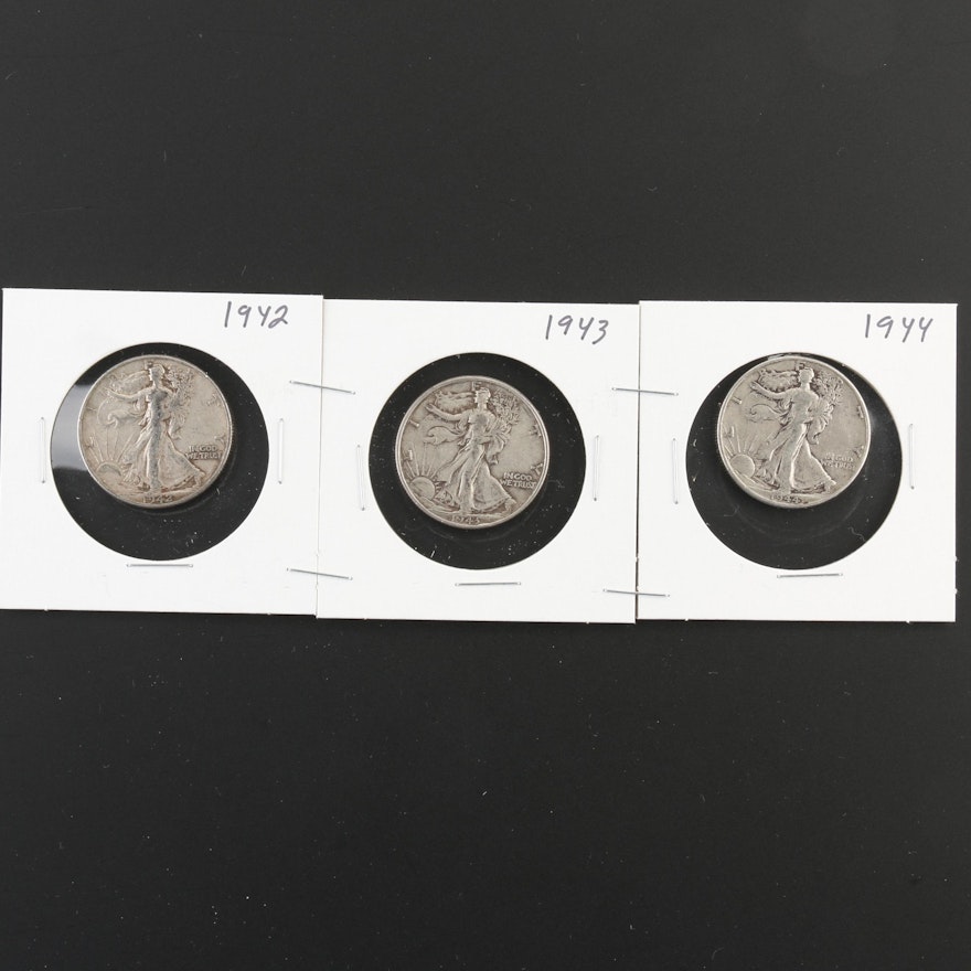 Group of Three Walking Liberty Silver Half Dollars: 1942, 1943, and 1944