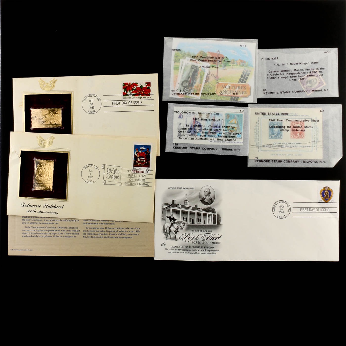 Group of Postage Stamps, First Day Covers, and 22K Gold Stamp Replicas