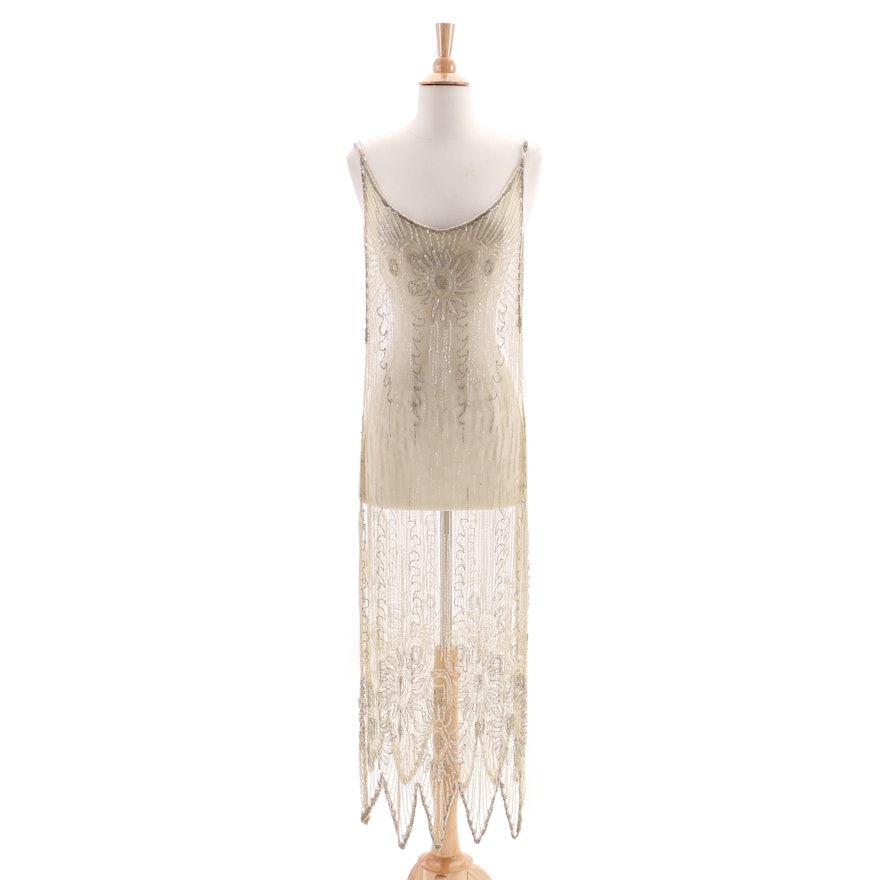 1920s Vintage Sheer Beaded Tabard Over Dress