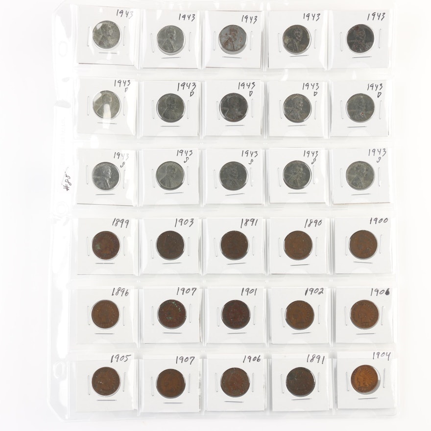 Group of Fifteen Indian Head Cents and Fifteen WWII Lincoln Steel Cents