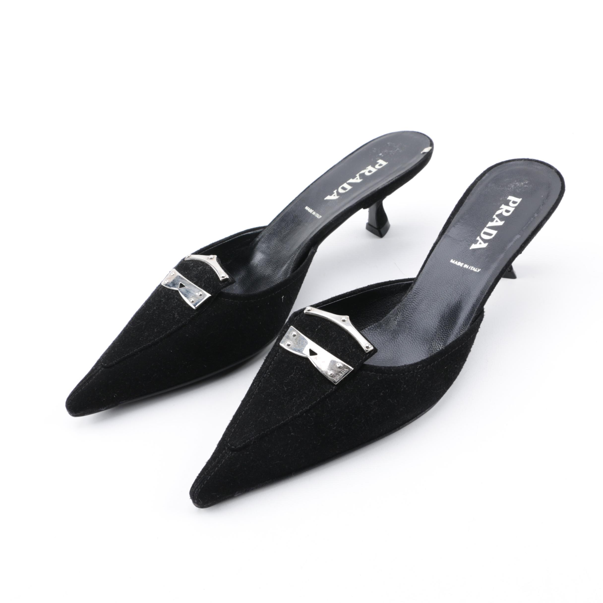 Prada Black Suede Kitten Heel Mules