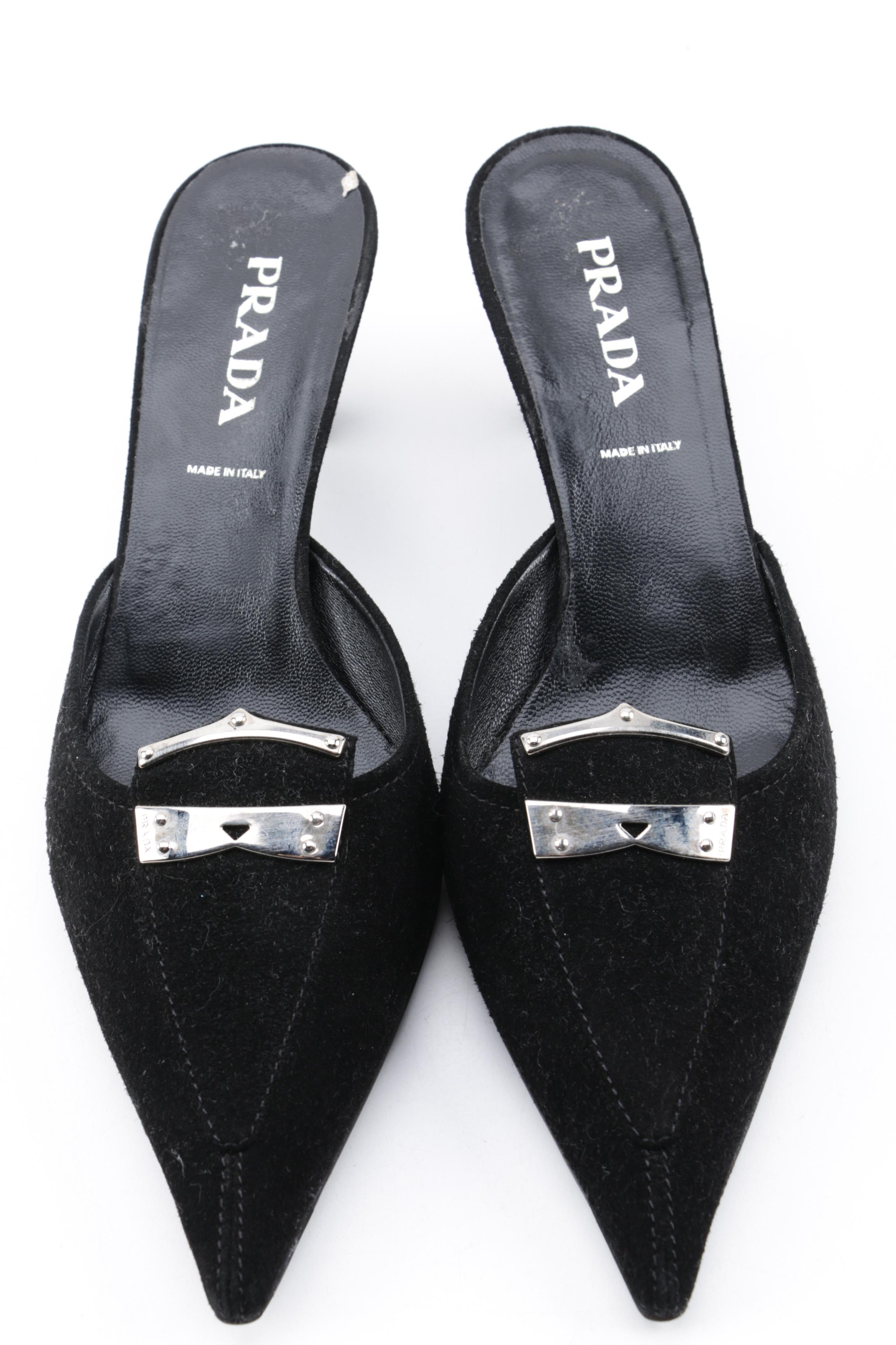 Prada Black Suede Kitten Heel Mules