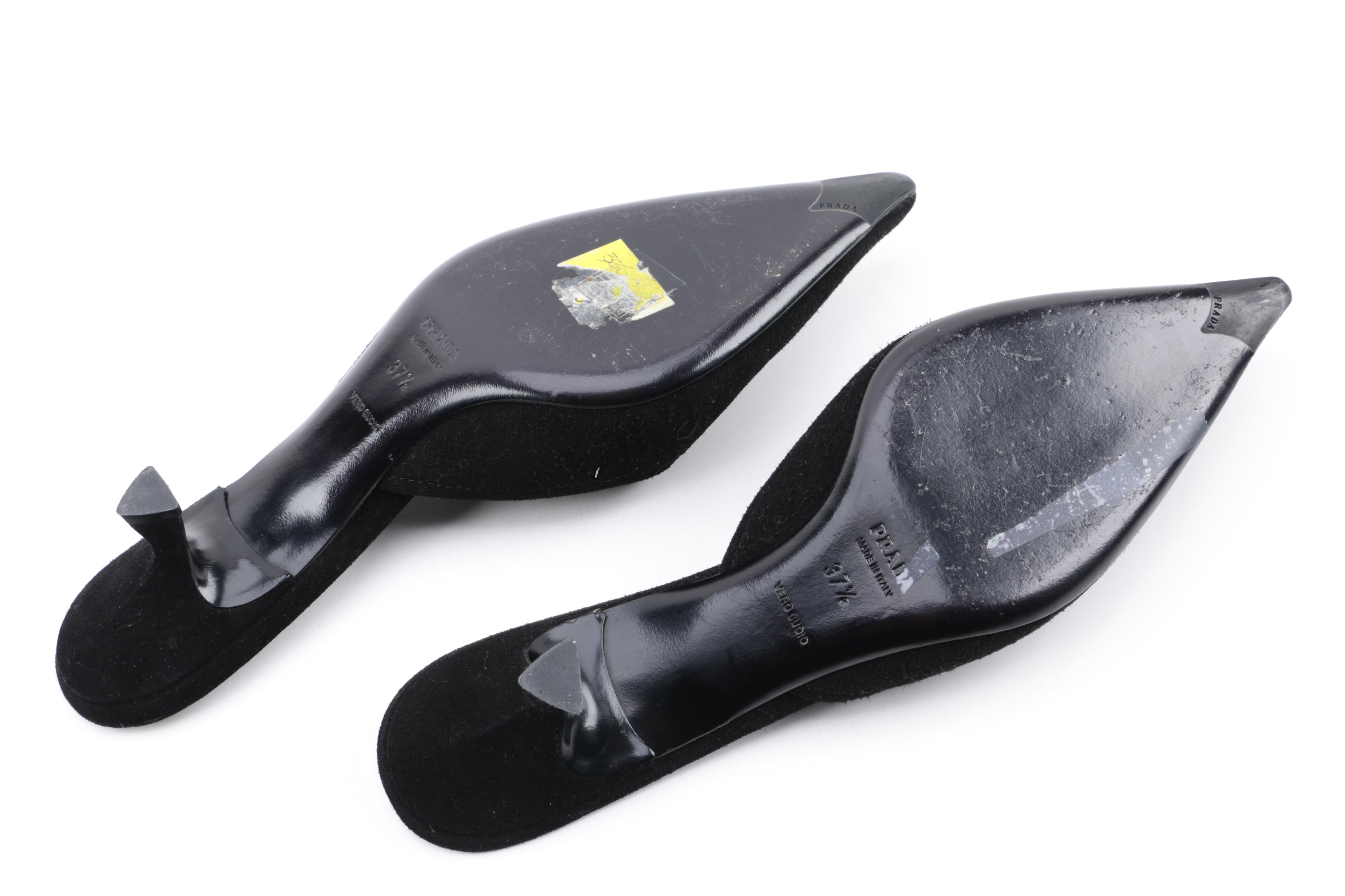 Prada Black Suede Kitten Heel Mules