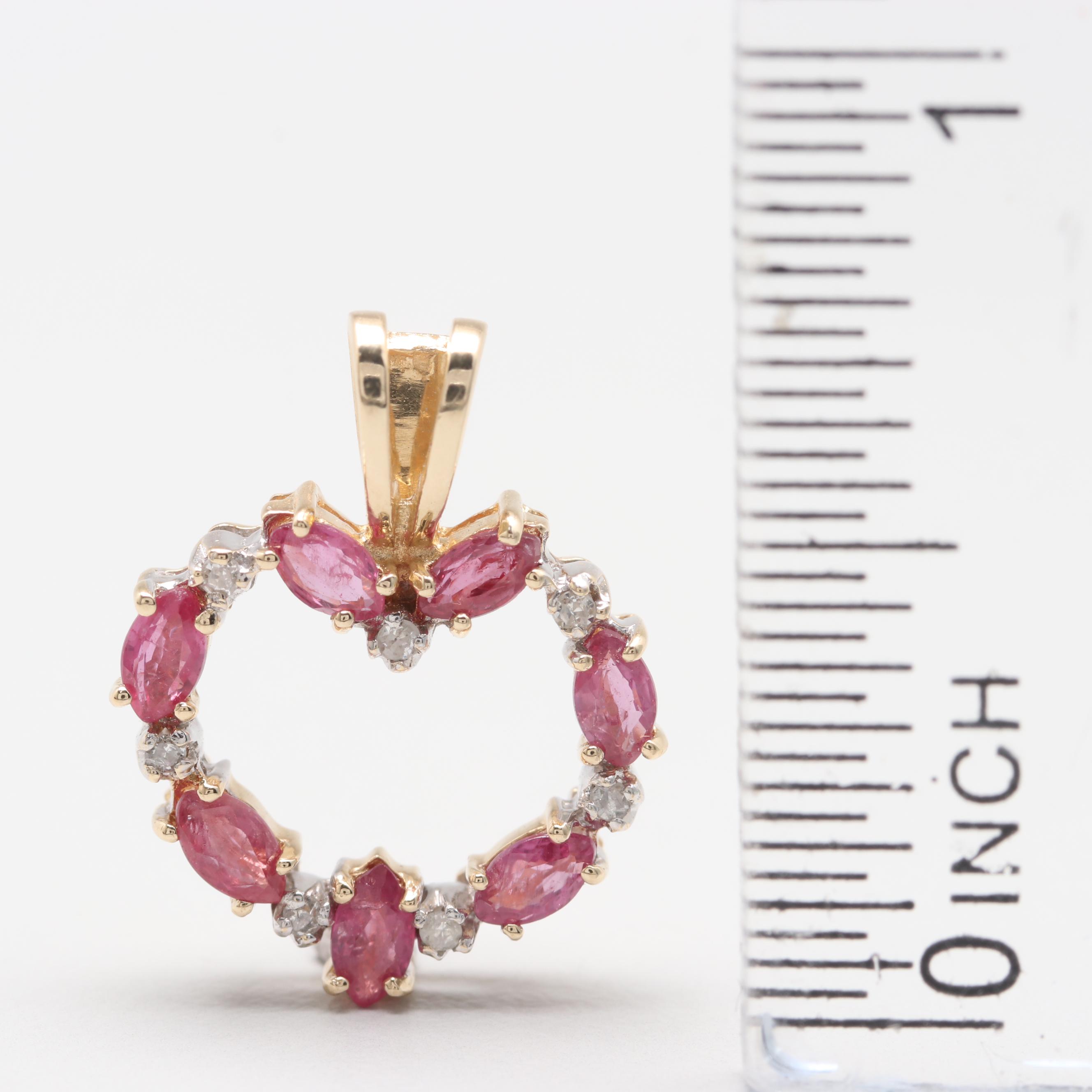 14K Yellow Gold Ruby and Diamond Heart Pendant