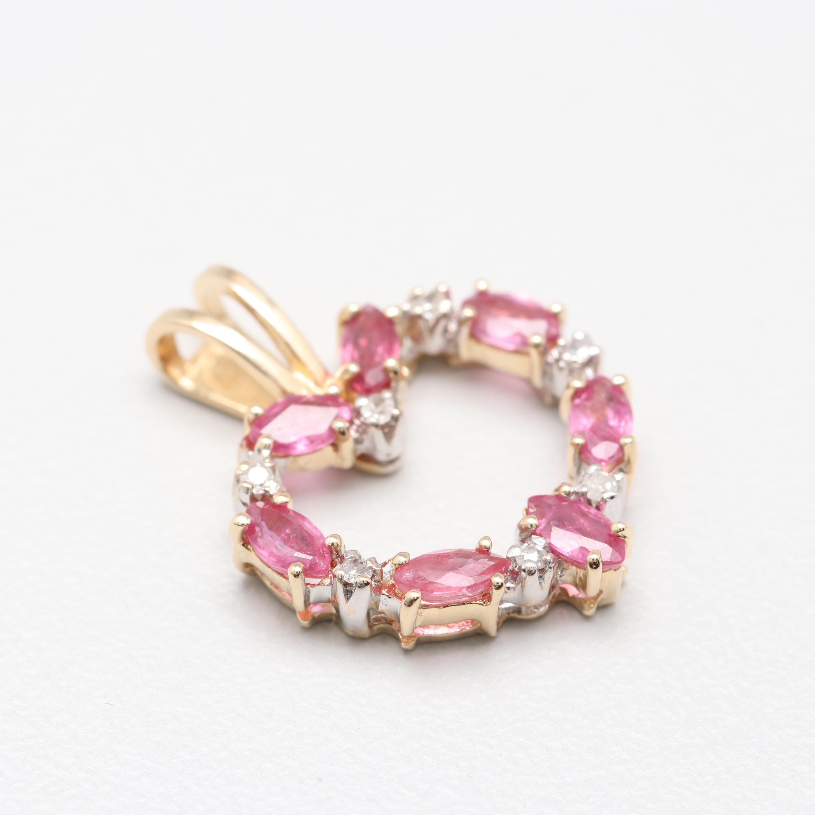 14K Yellow Gold Ruby and Diamond Heart Pendant
