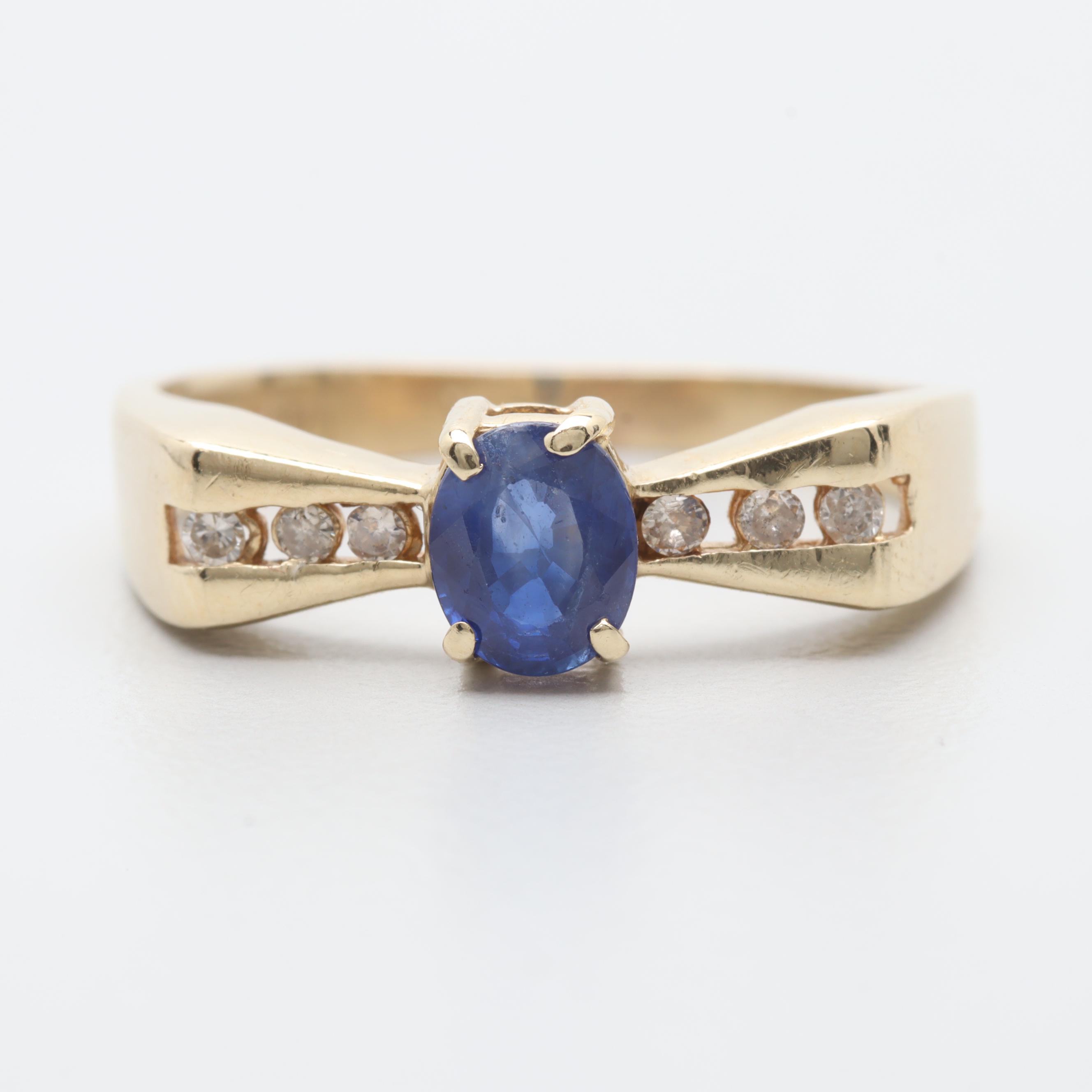 14K Yellow Gold Blue Sapphire and Diamond Ring