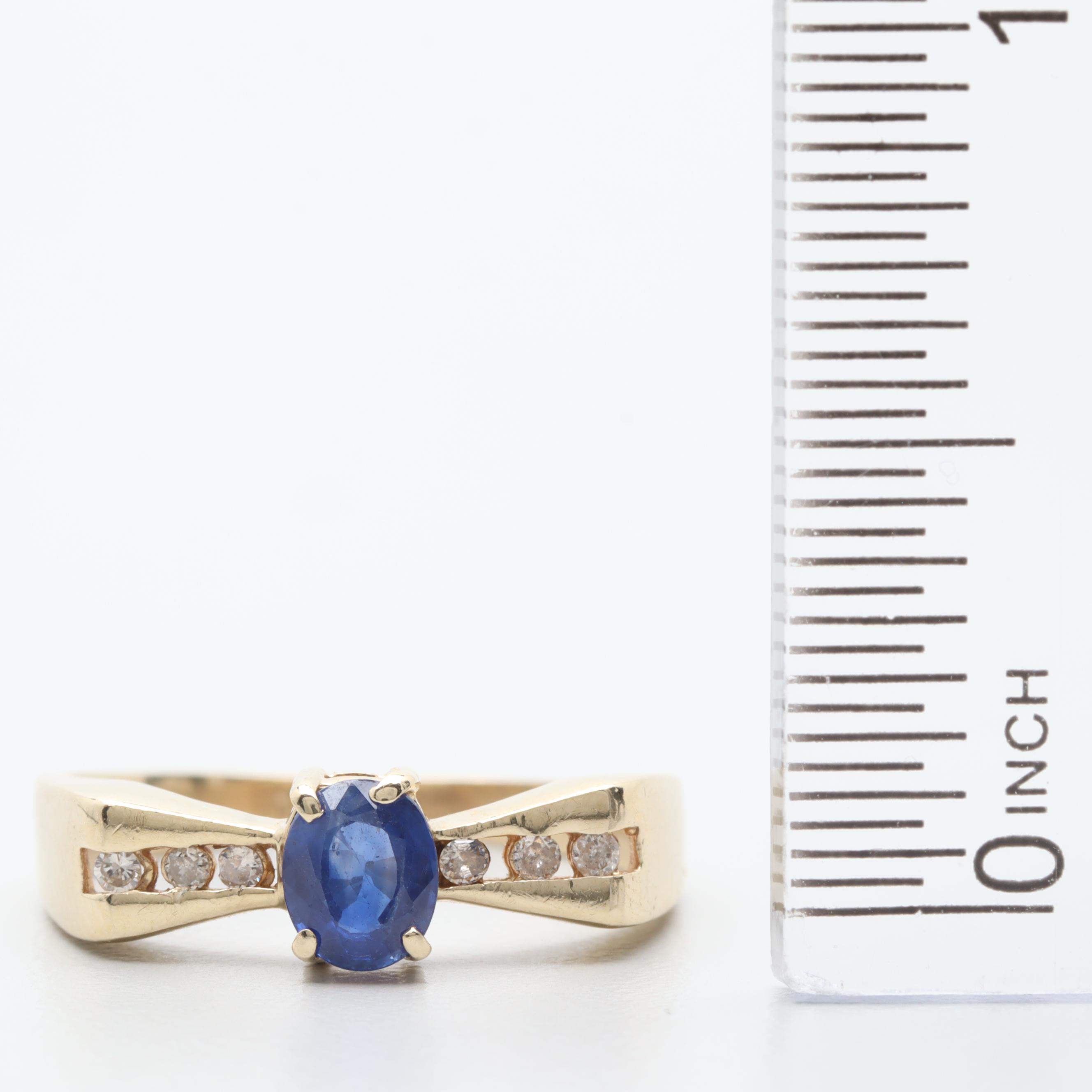 14K Yellow Gold Blue Sapphire and Diamond Ring