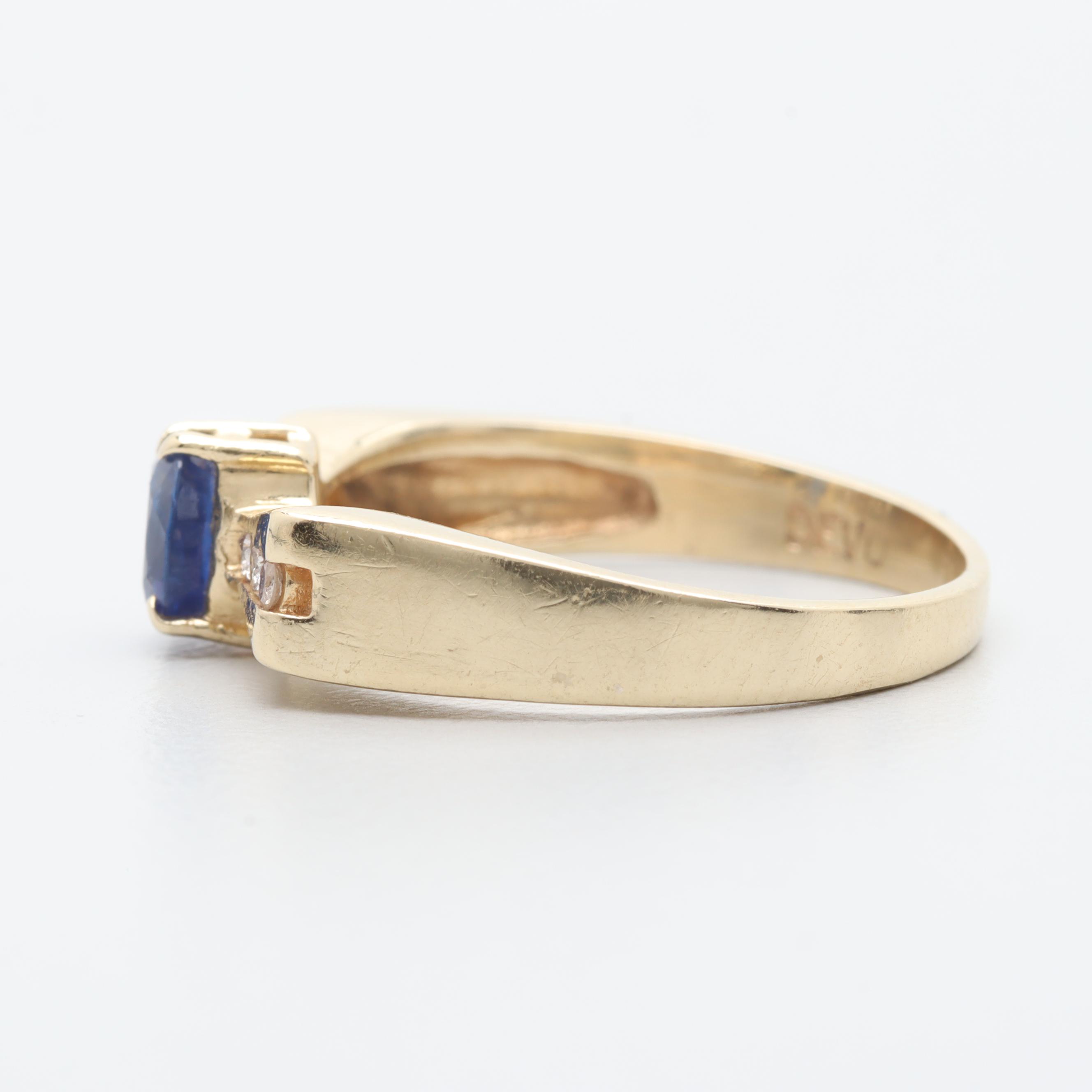 14K Yellow Gold Blue Sapphire and Diamond Ring
