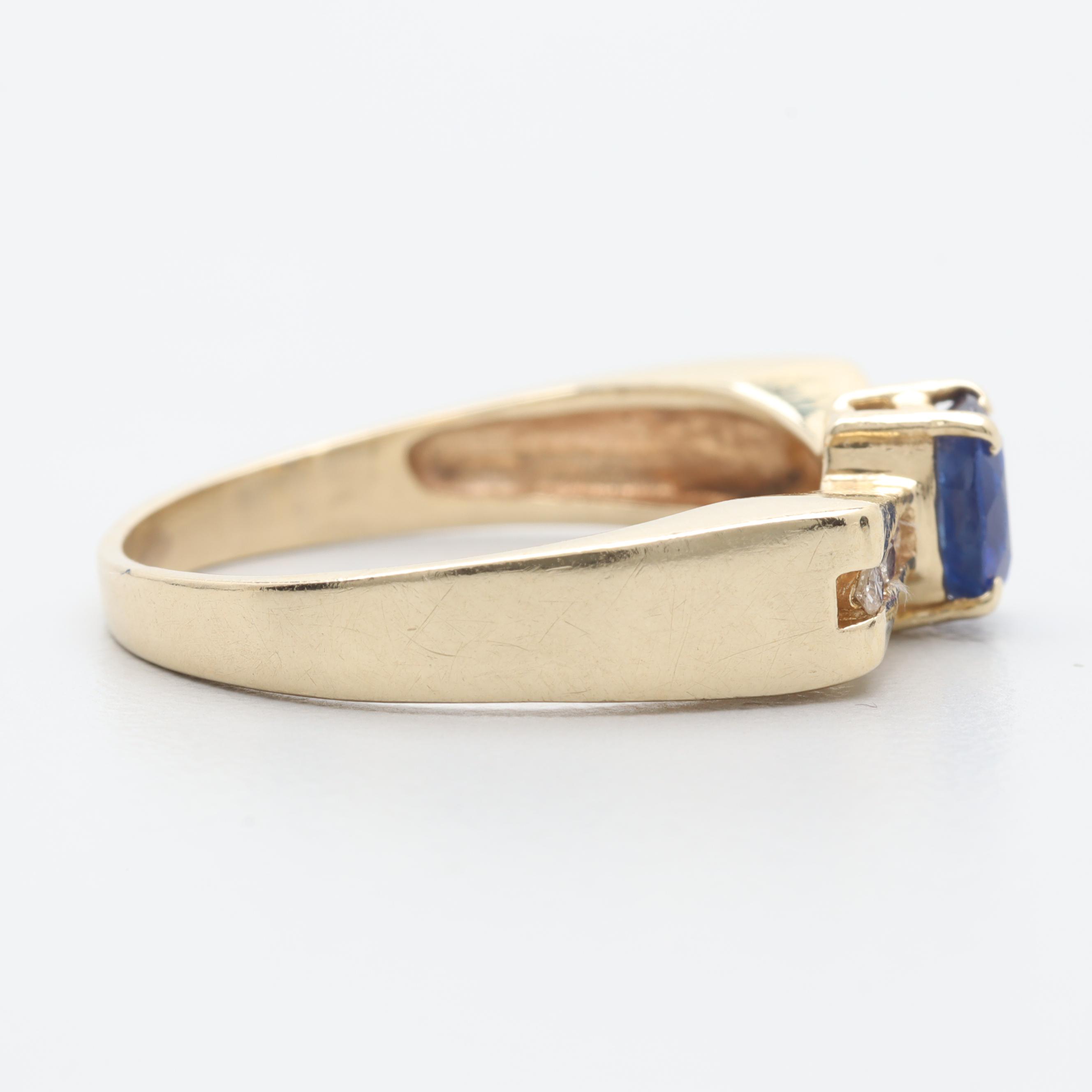 14K Yellow Gold Blue Sapphire and Diamond Ring