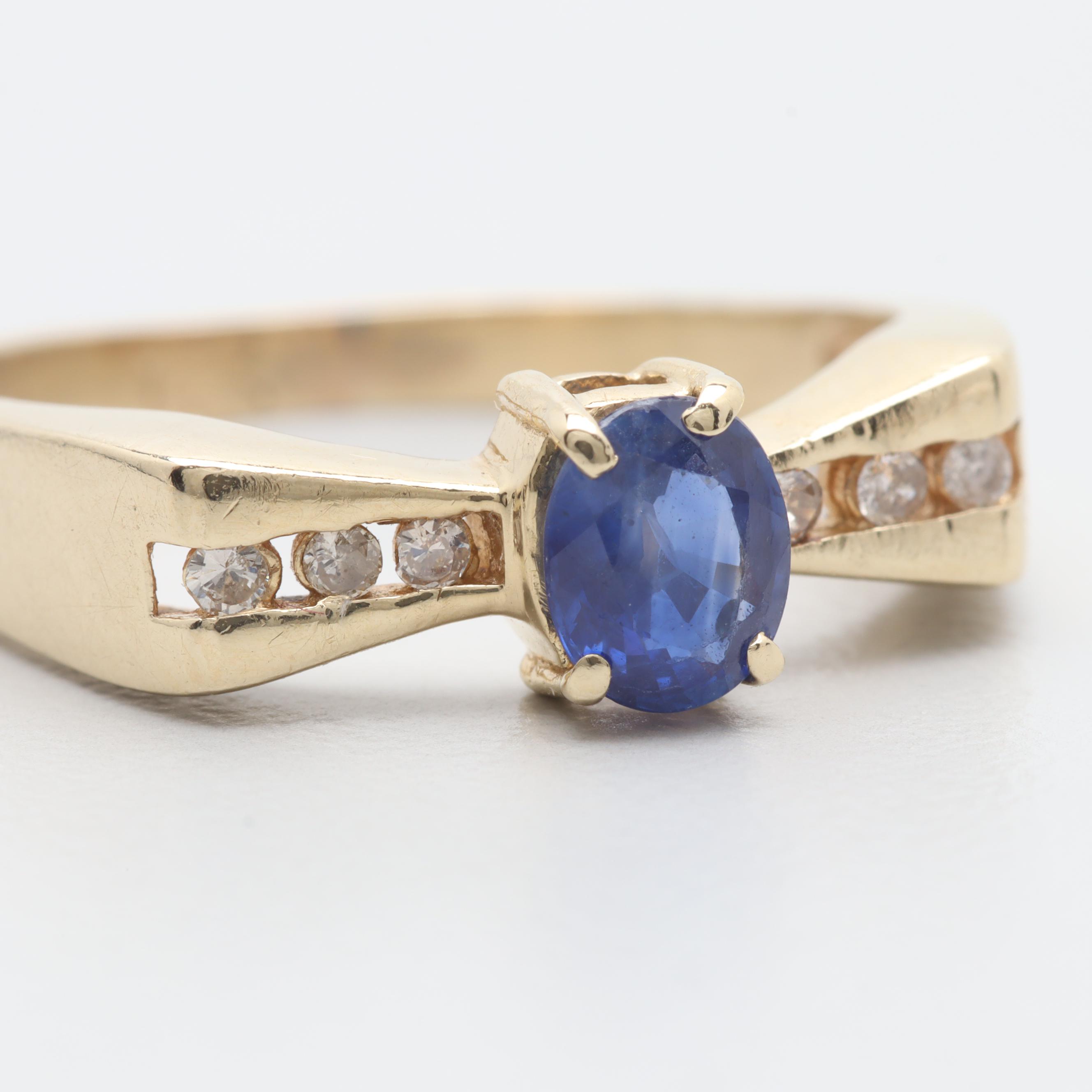14K Yellow Gold Blue Sapphire and Diamond Ring
