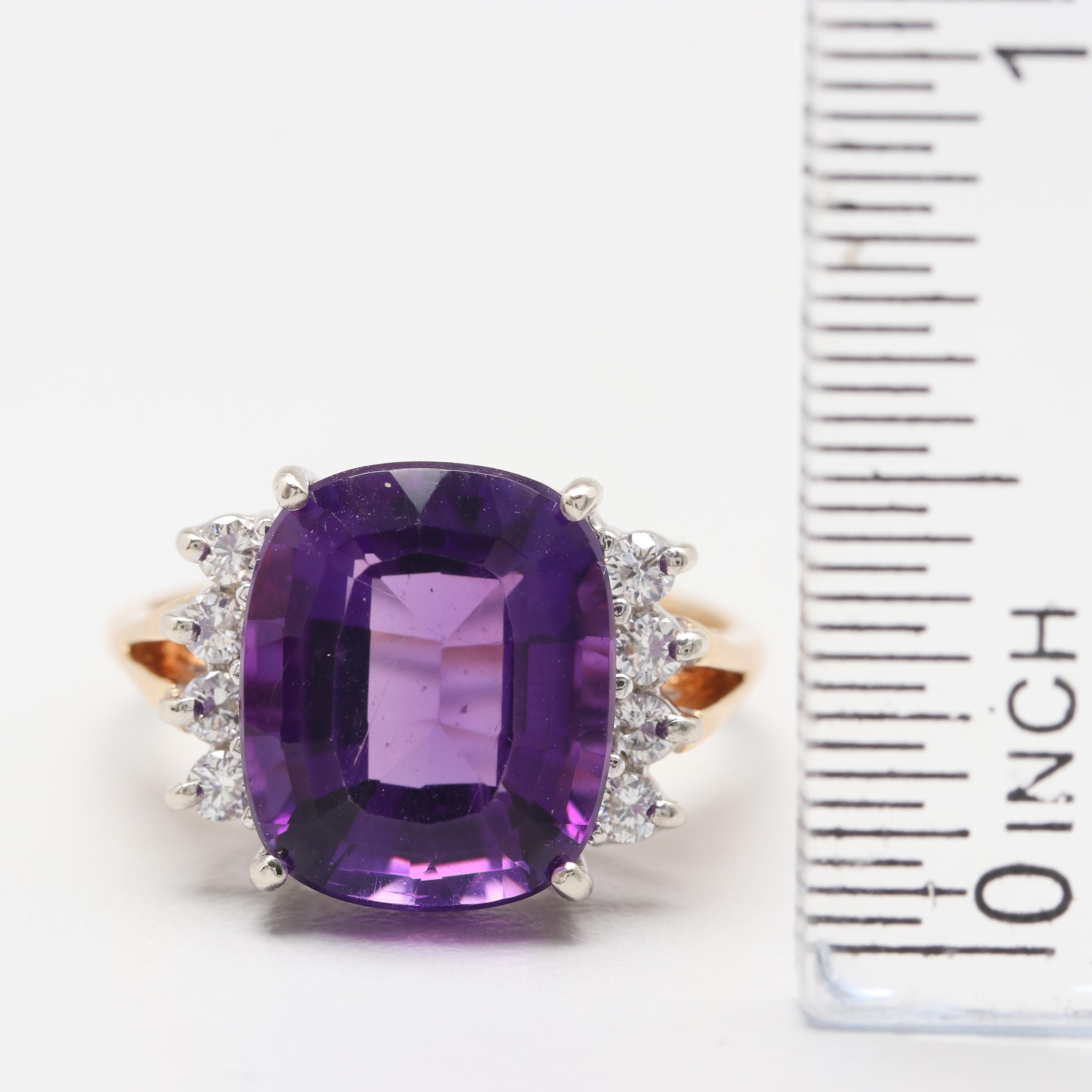 14K Two Tone Gold Amethyst and Diamond Ring