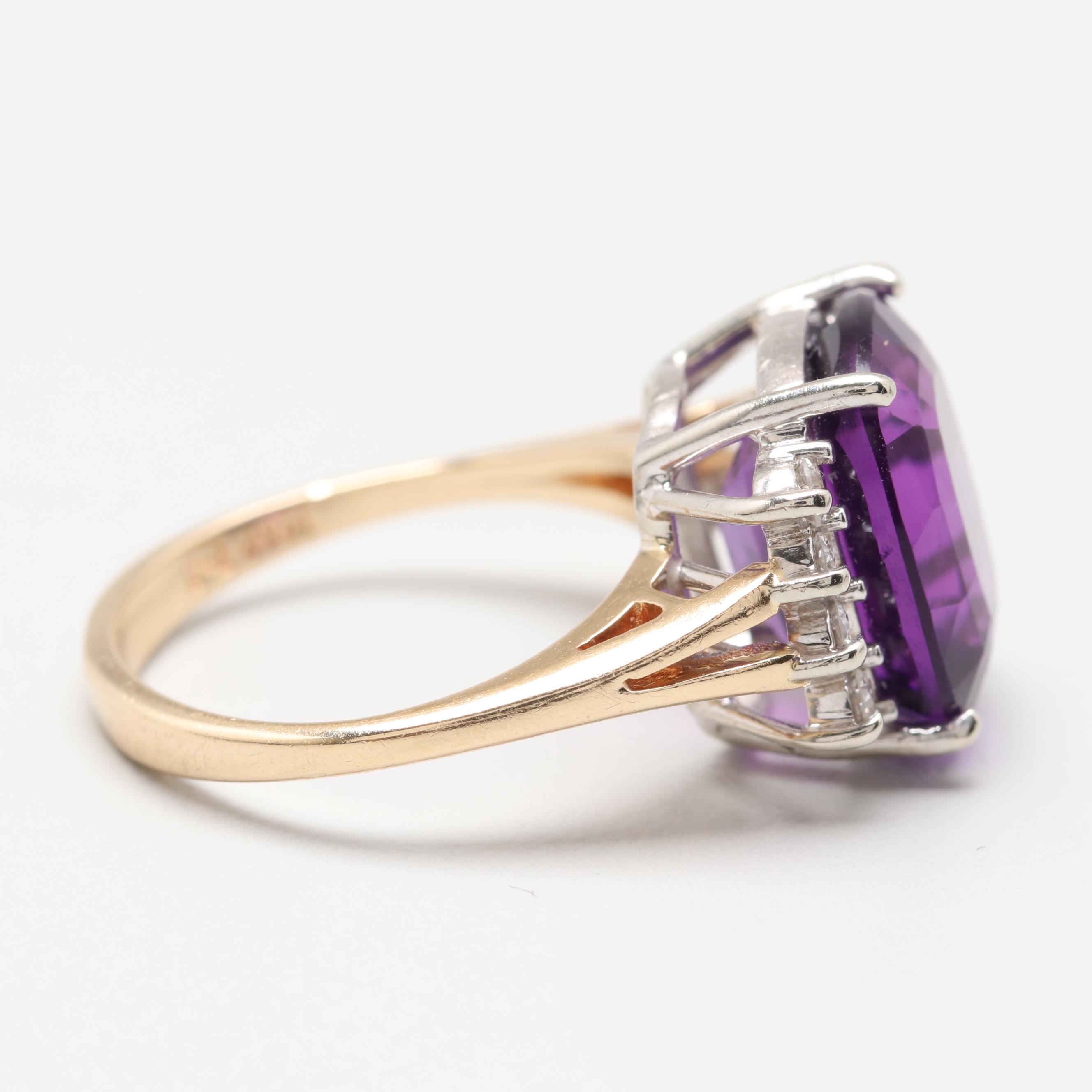 14K Two Tone Gold Amethyst and Diamond Ring