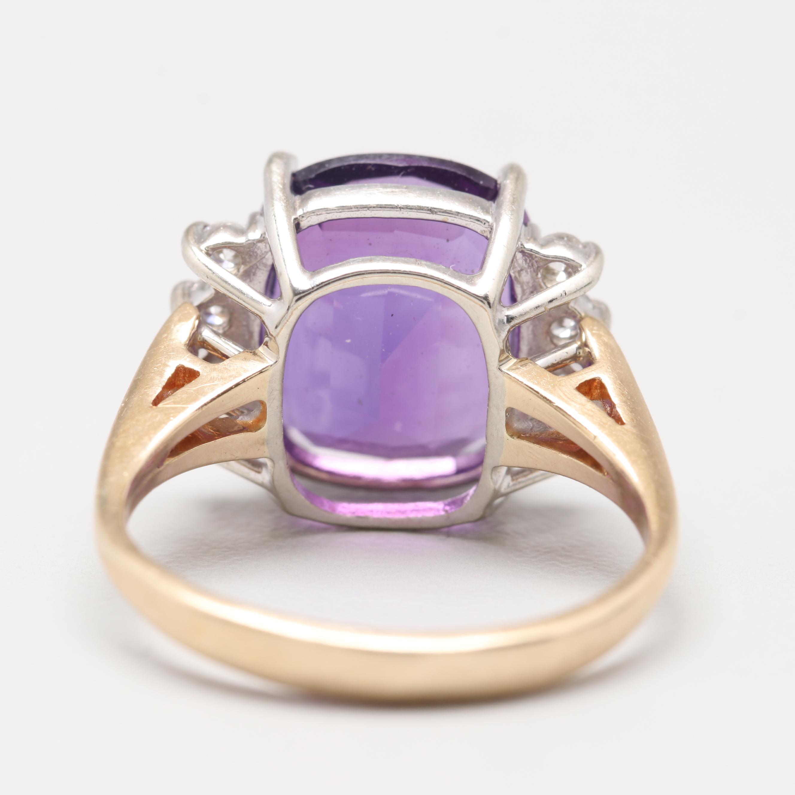 14K Two Tone Gold Amethyst and Diamond Ring